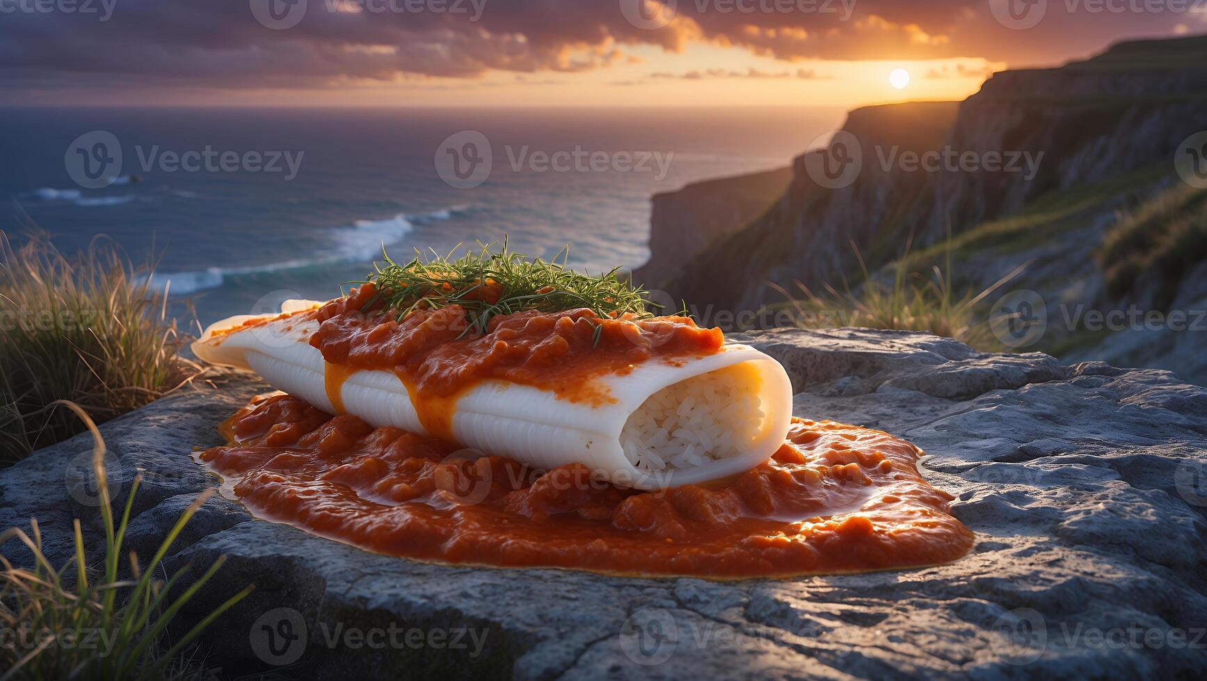 Stuffed Squid Tube with Tomato Sauce and Grass on Rock at Sunset photo