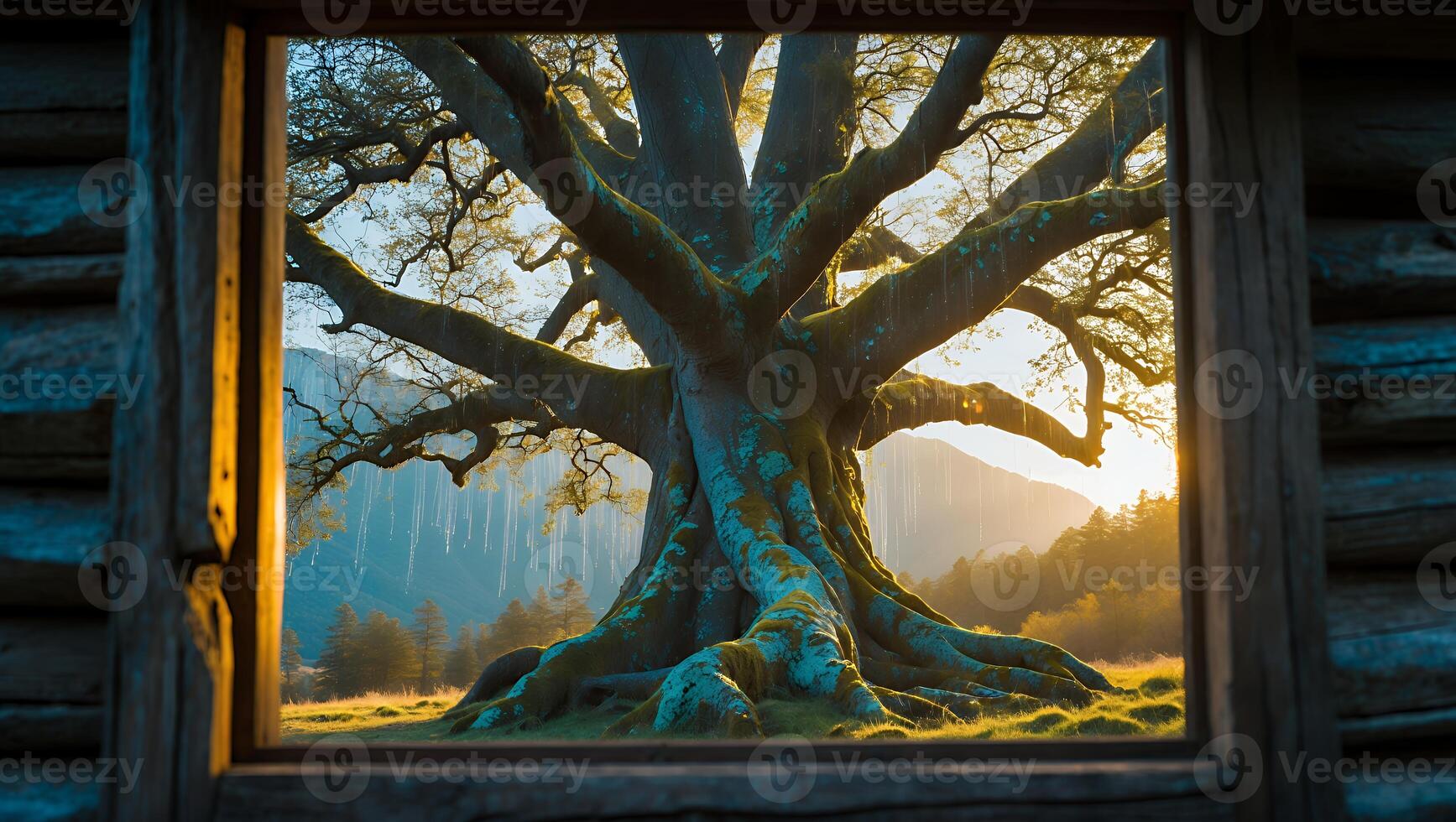 Large Tree Through Window at Sunset in Nature photo