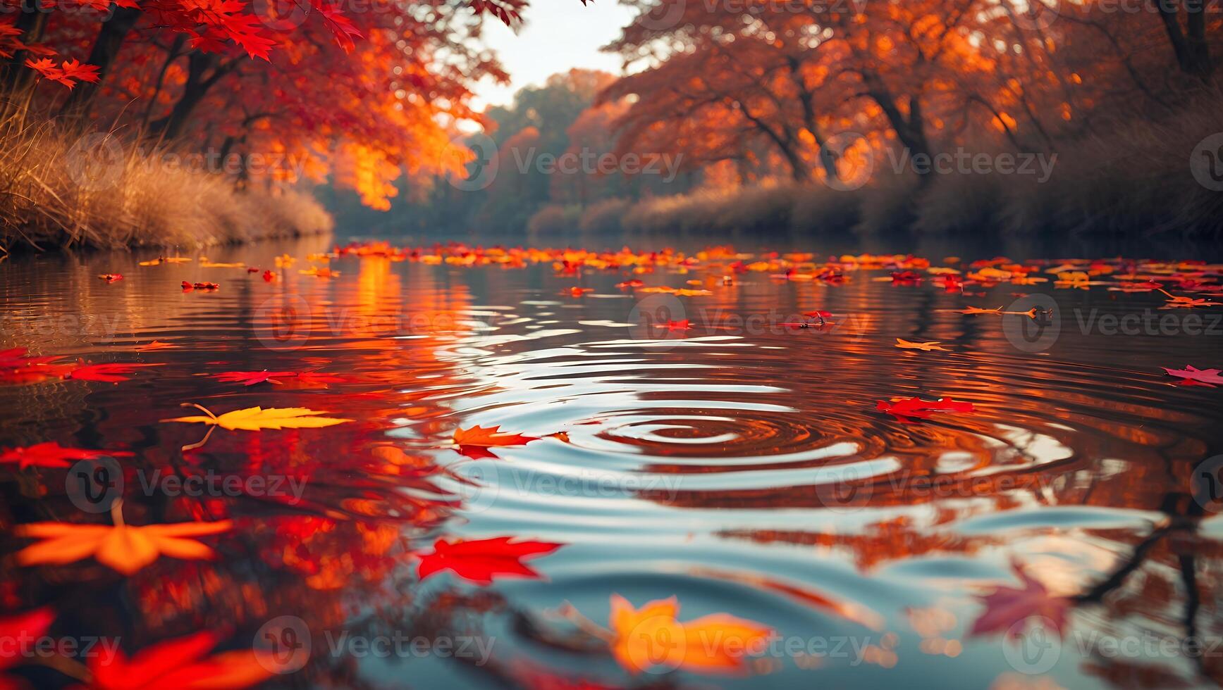 Autumn Leaves Floating on River Water with Reflections photo