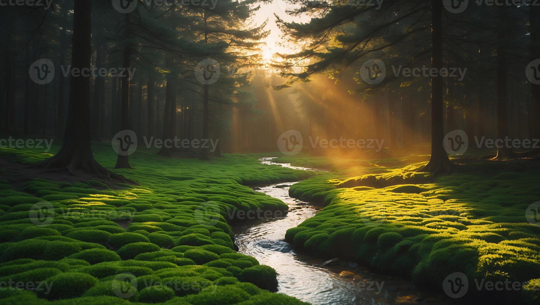Forest with Stream and Moss Under Sunbeams photo