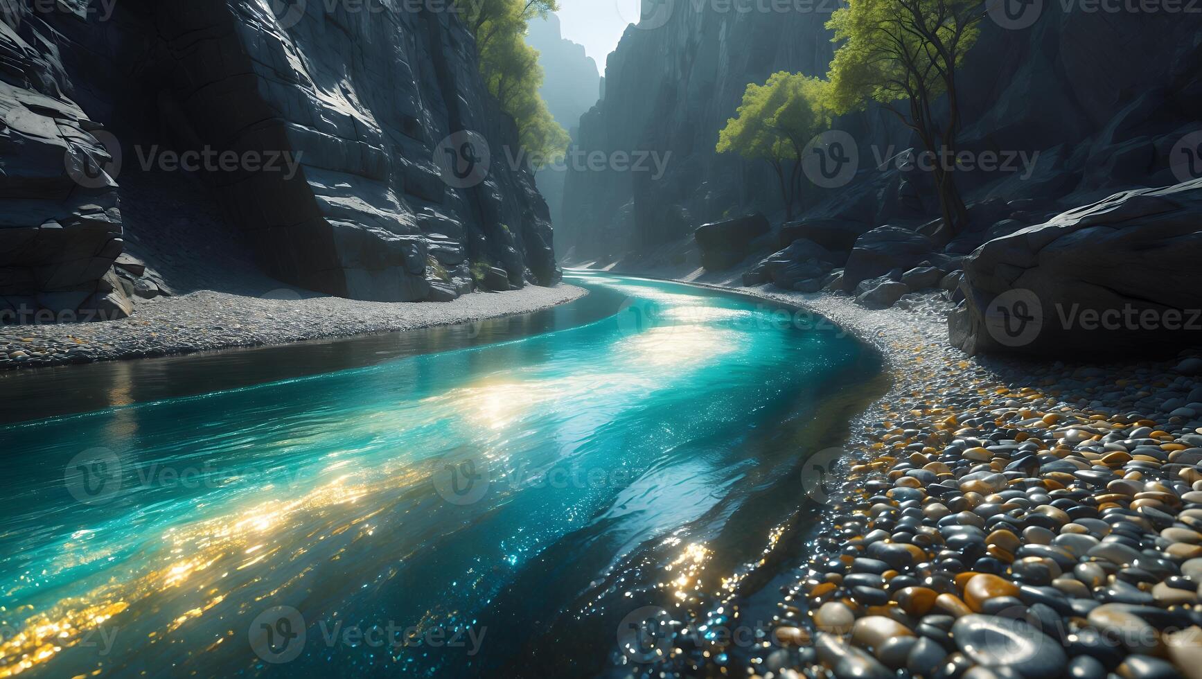 River Flowing Between Cliffs with Rocks and Trees photo