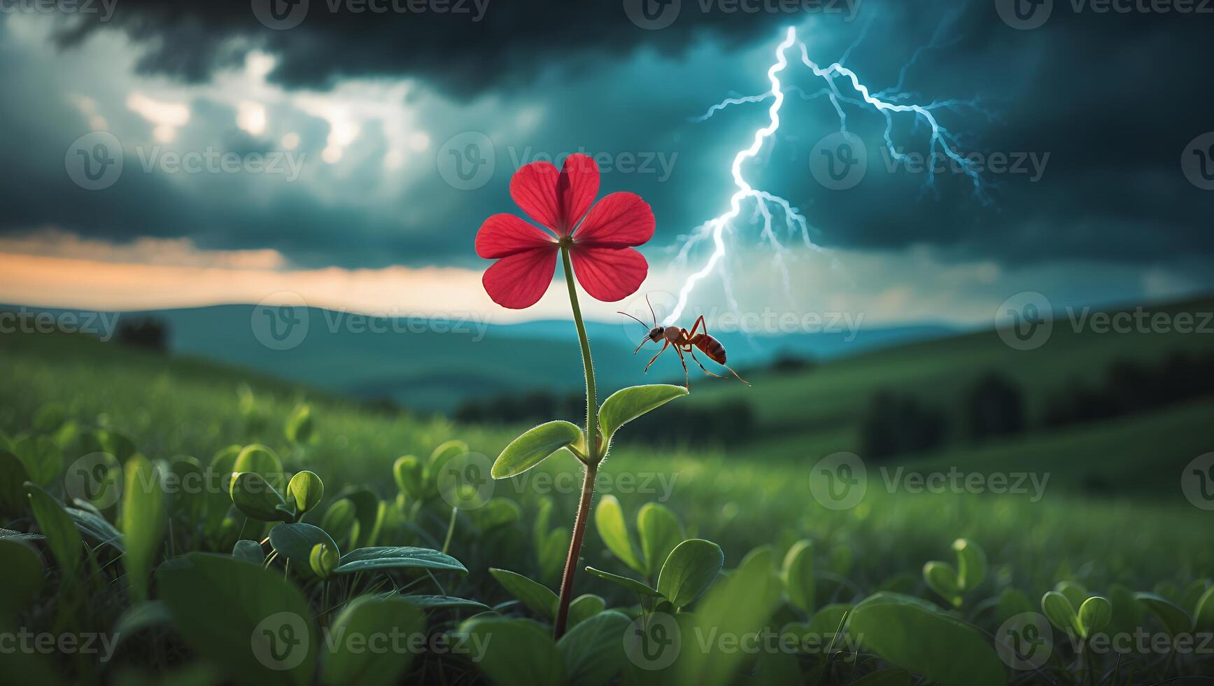 Red Flower and Ant with Lightning in Background photo