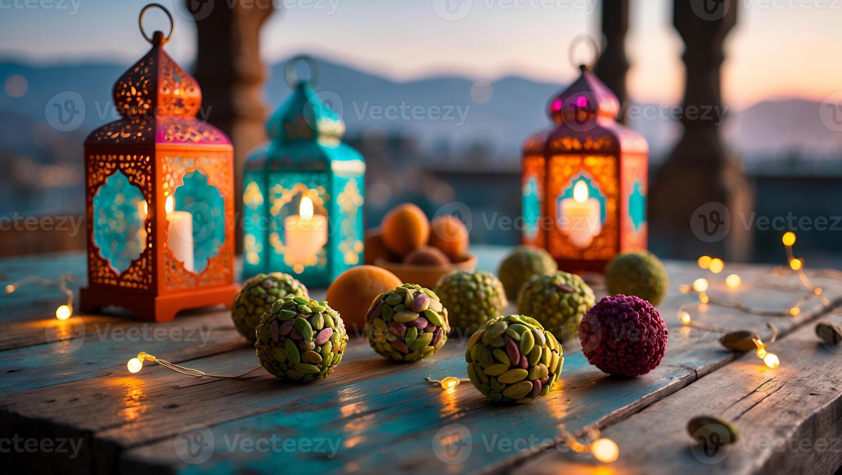 Lanterns and Sweets on Wooden Table at Sunset photo