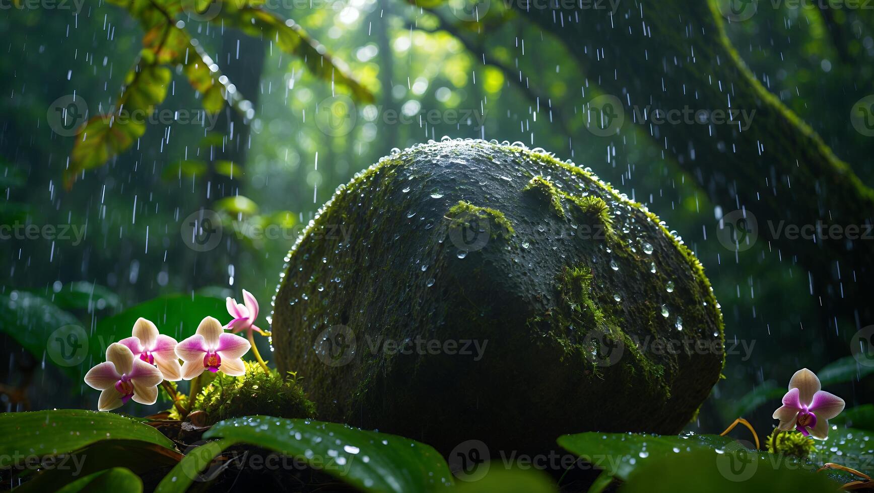 Orchid and Rock in Rainforest Under Rain photo