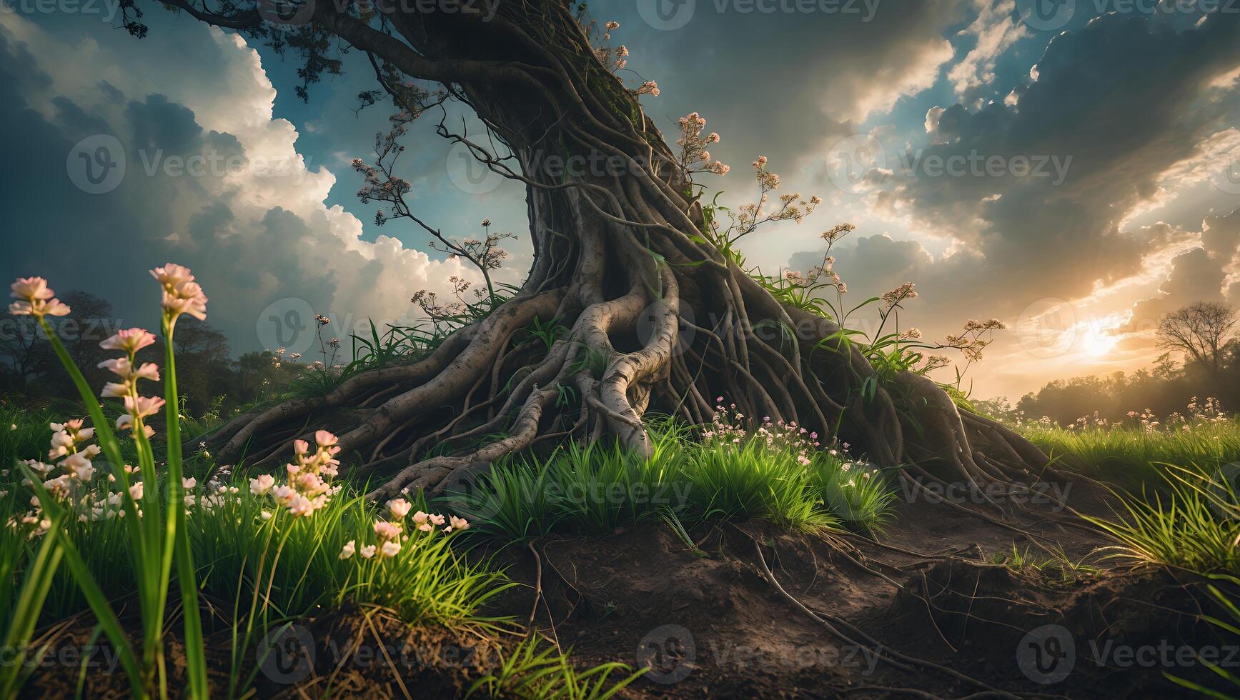 Old Tree Roots and Meadow Landscape with Cloudscape and Sunrise photo