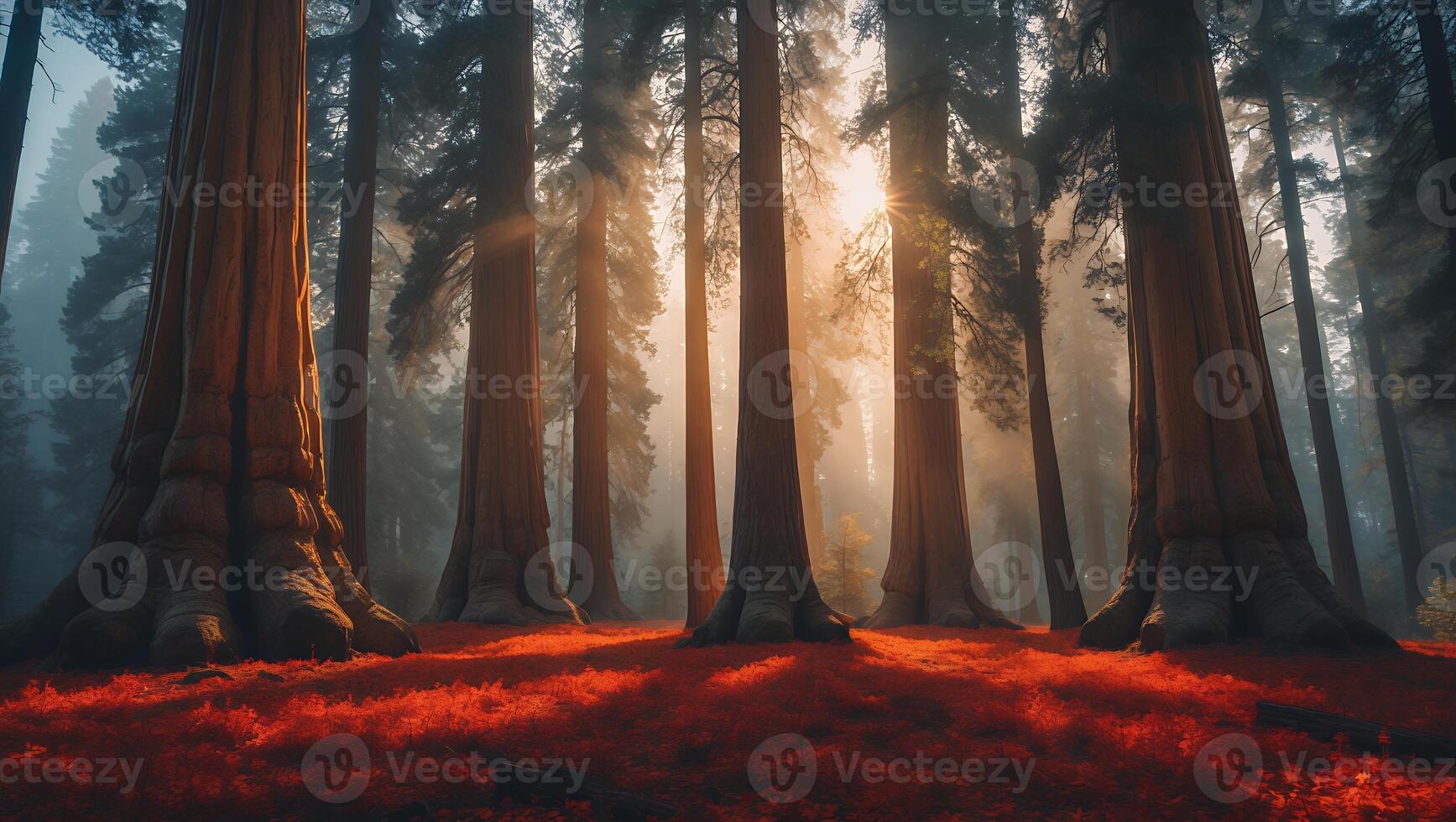 Forest with Sunlight Beaming Through Trees photo