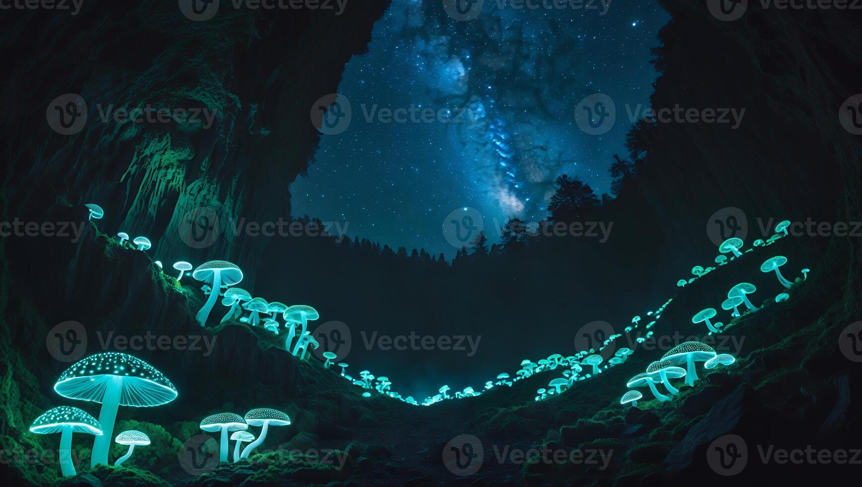 Glowing Mushroom in Cave with Starry Sky photo
