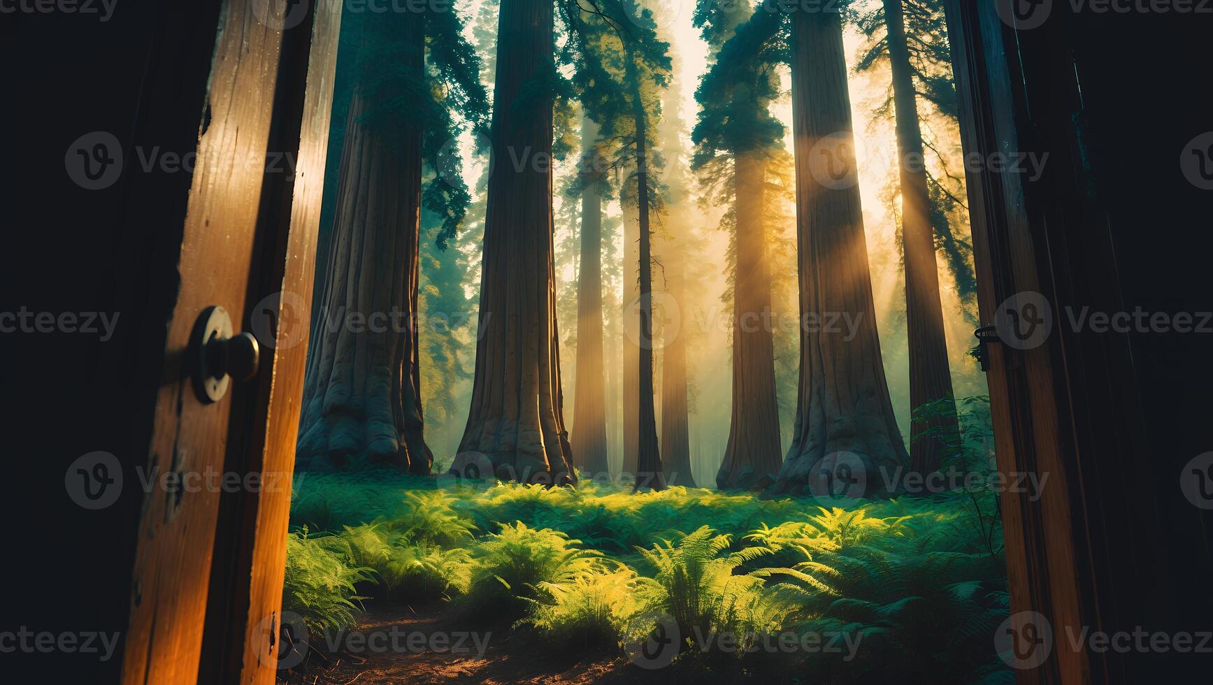Sequoia Forest Seen Through Open Doorway with Sunlight photo