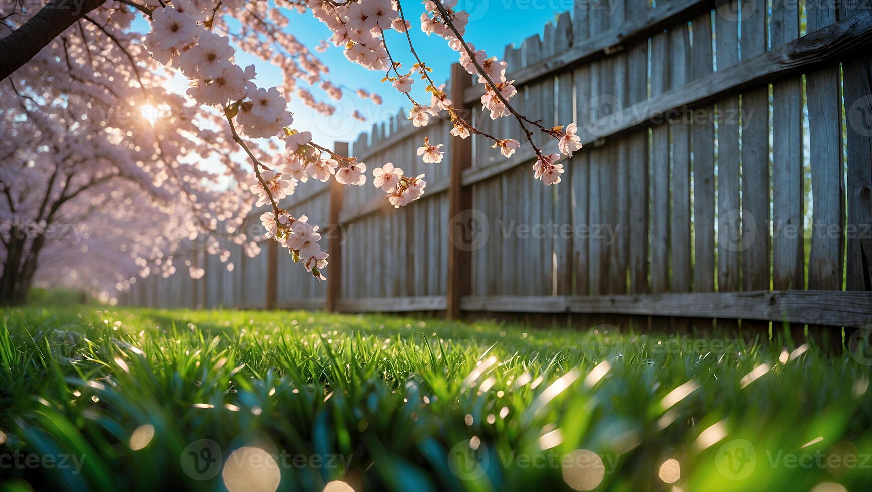 Cherry Blossom Near Wooden Fence in Spring photo
