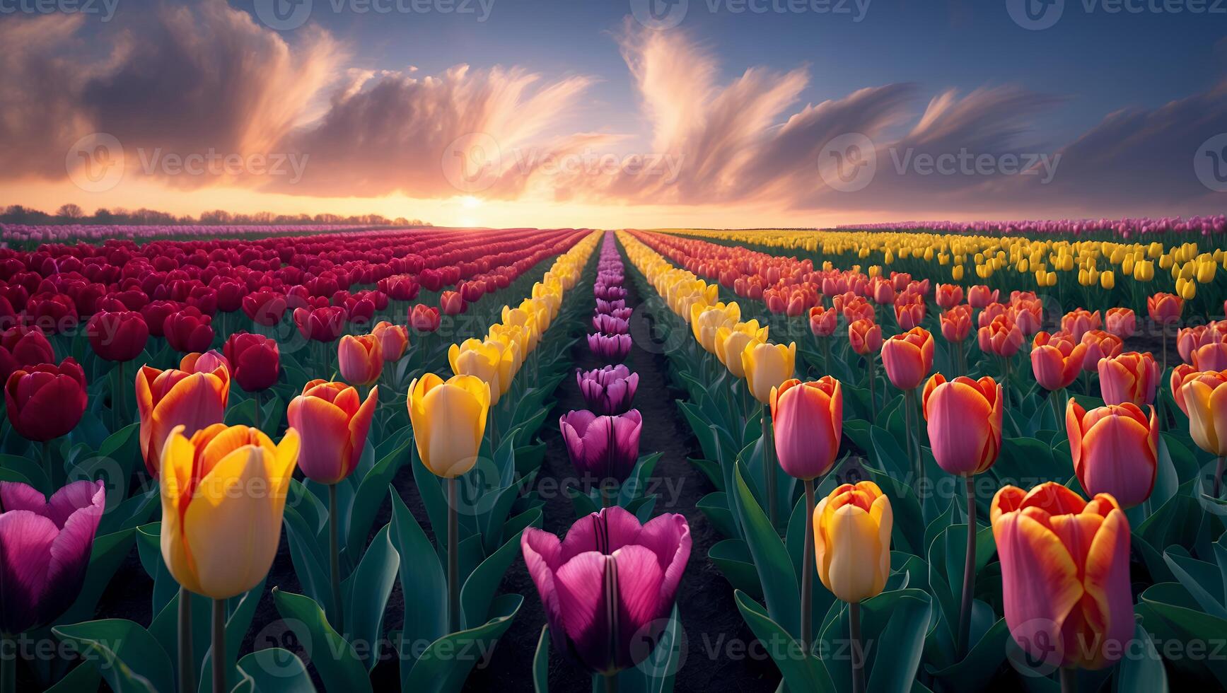 Colorful Tulip Field at Sunset with Rows of Flowers photo