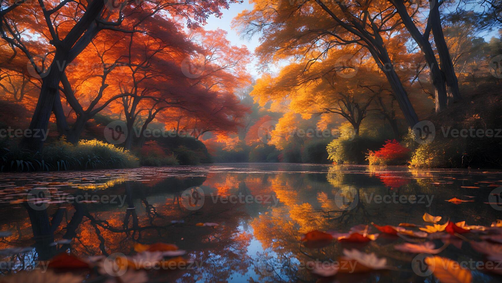 Autumn Forest Reflected in Lake Scenery photo