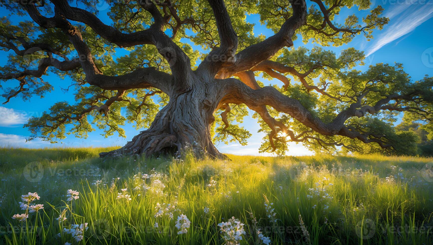 Large Tree in Meadow with Flowers and Blue Sky photo