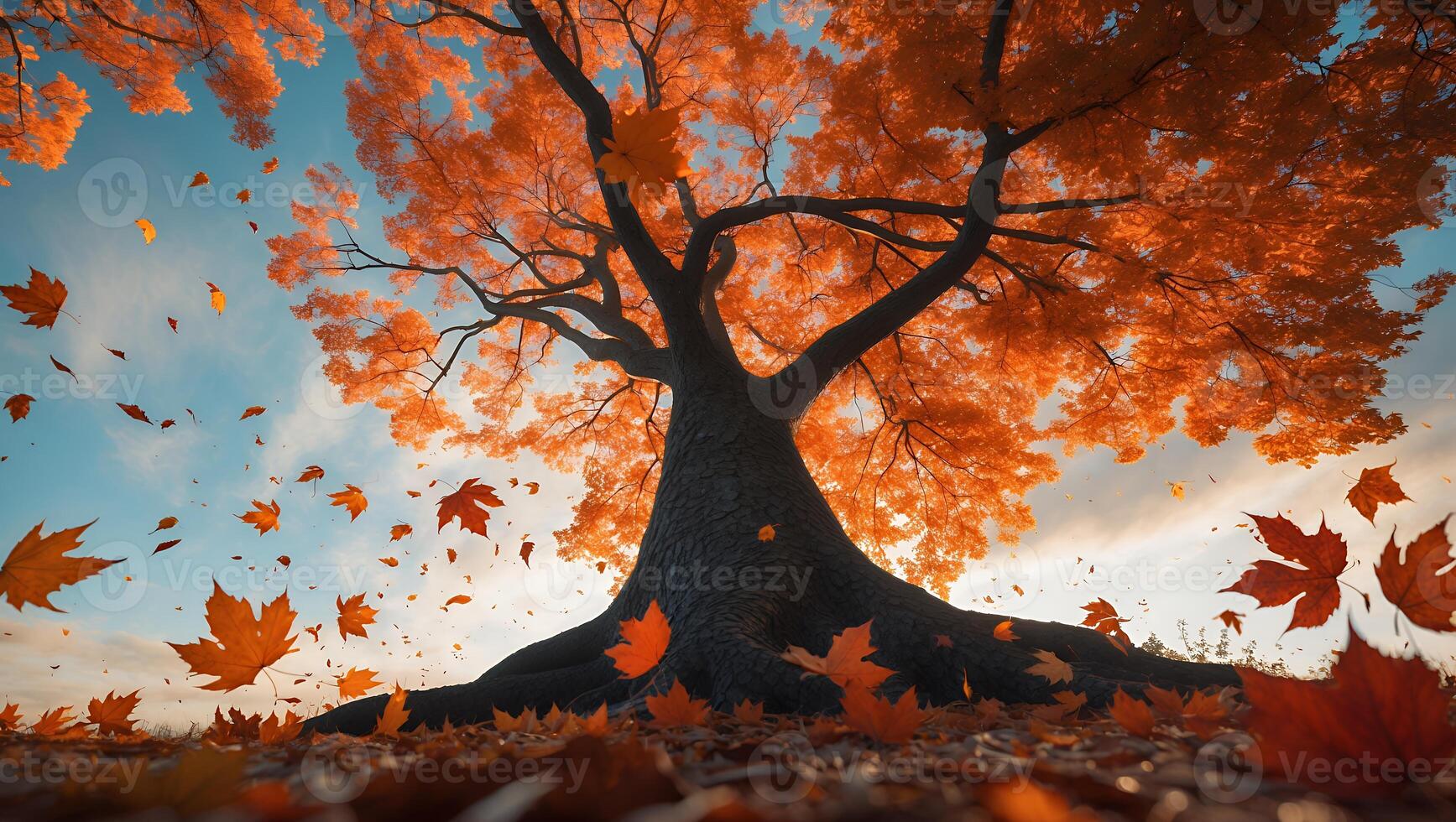 Falling Autumn Leaf Under Tree with Roots on Sunny Day photo