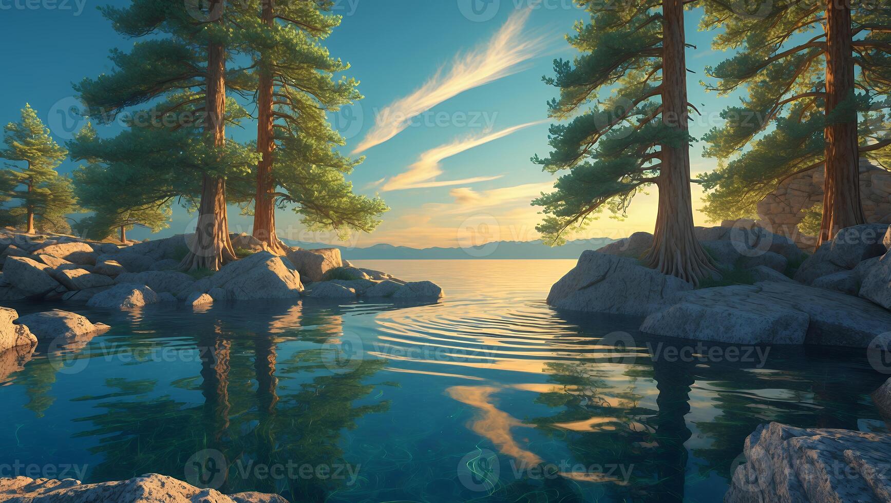 Lake Reflection with Pine Trees and Rocky Shore at Sunset photo