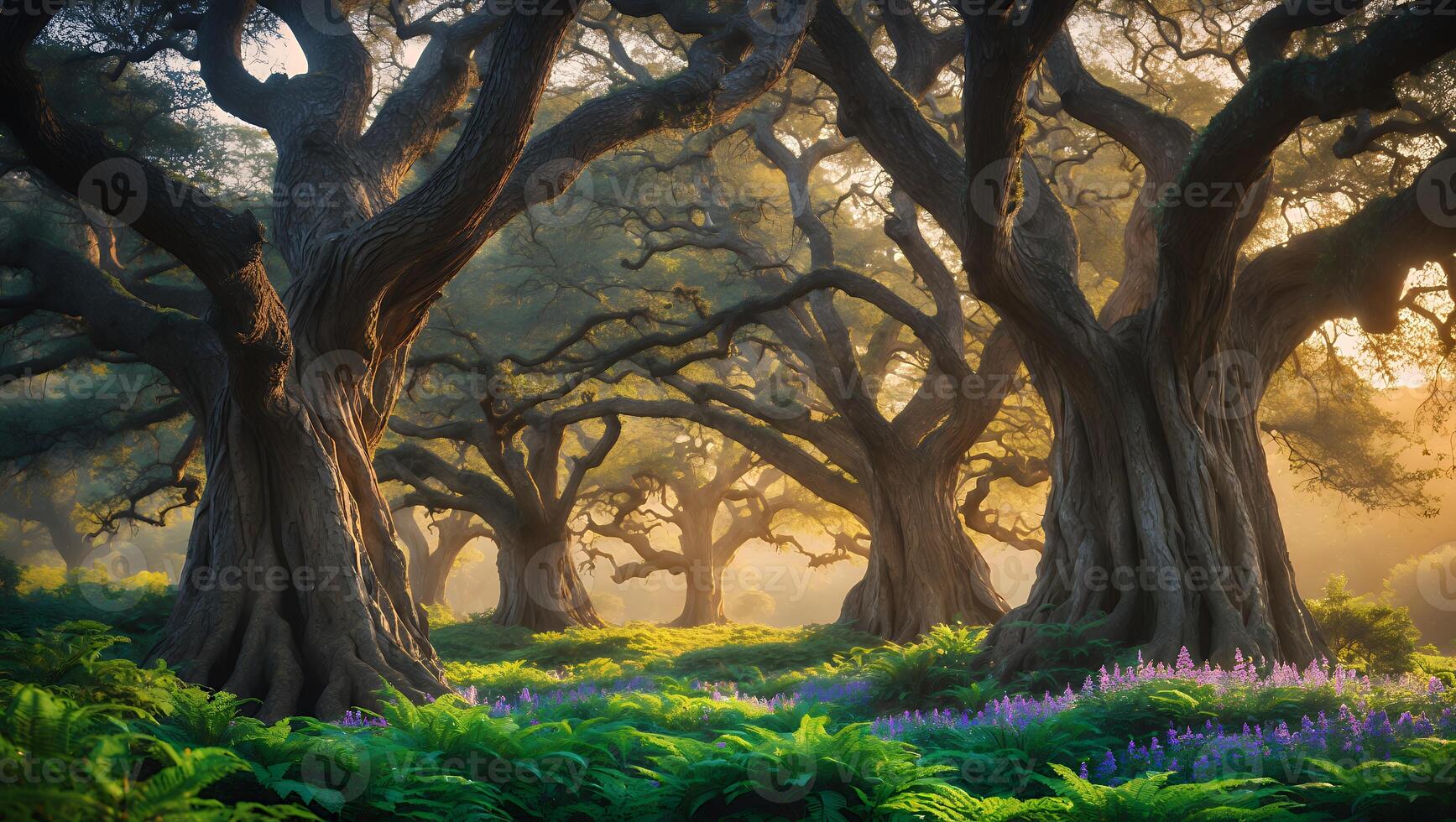 Enchanted Forest with Lush Greenery and Large Trees photo