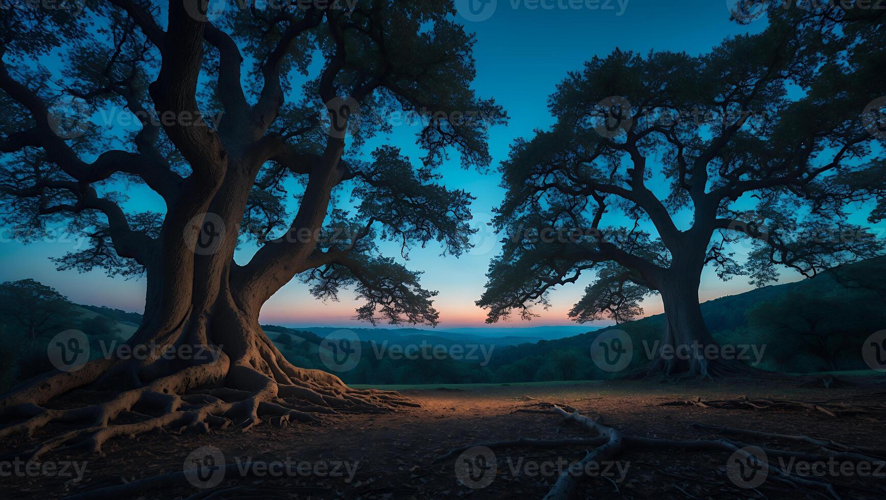 Two Old Trees at Dusk with Visible Roots photo