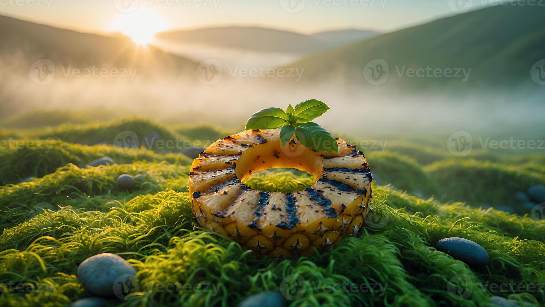 Grilled Pineapple Ring on Mossy Landscape photo