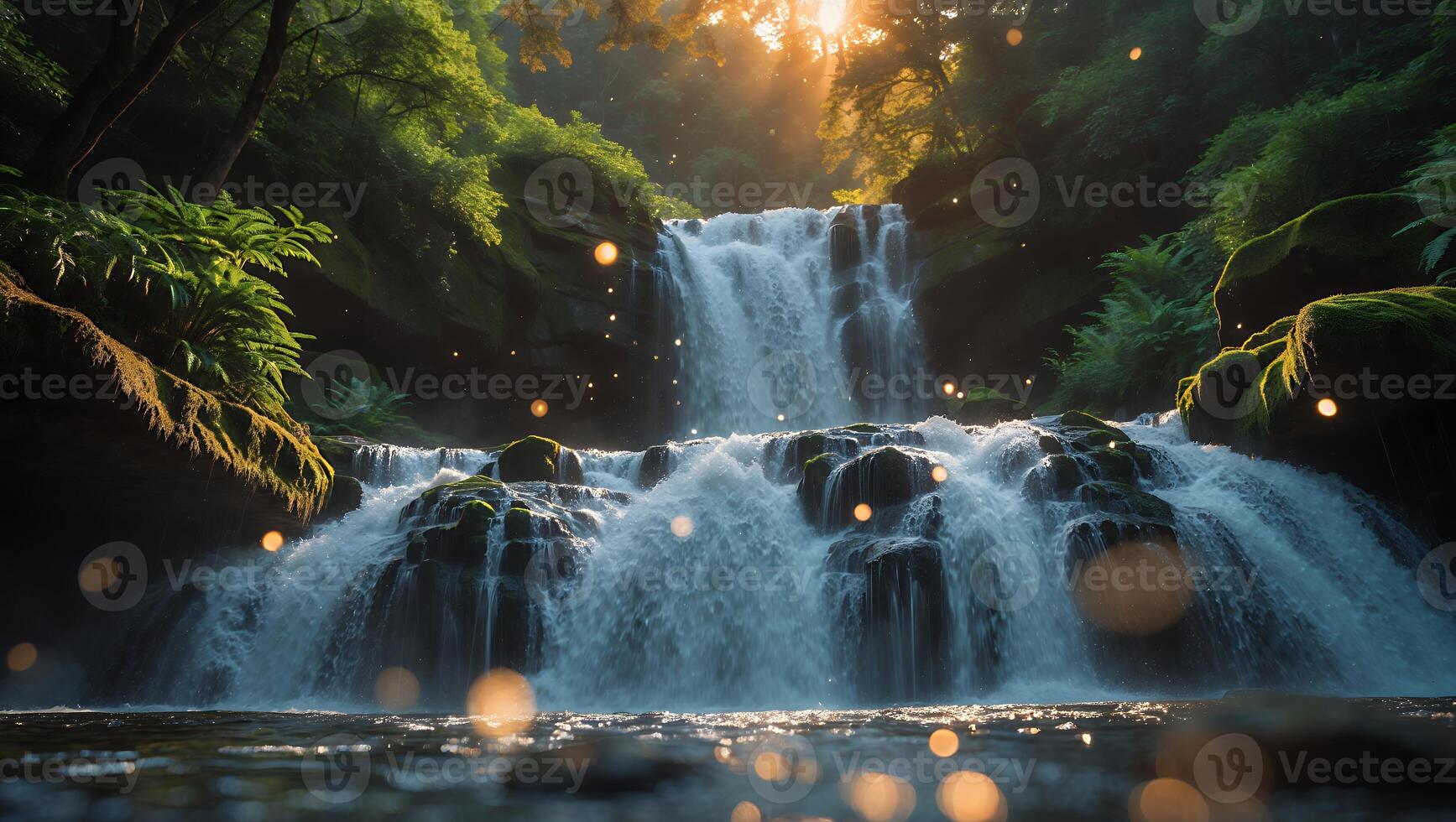 Waterfall in Forest with Sun Rays and Moss Covered Rocks photo