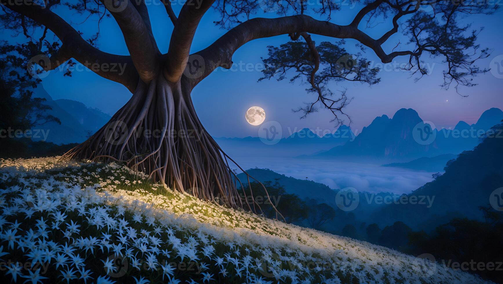 Tree Moon Mountain Landscape at Night photo