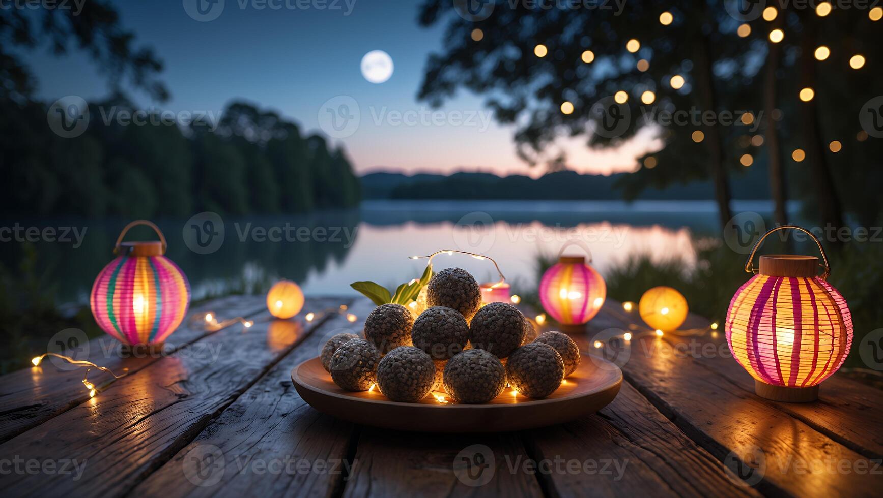 Energy Balls at Night by Lake with Colorful Lanterns photo