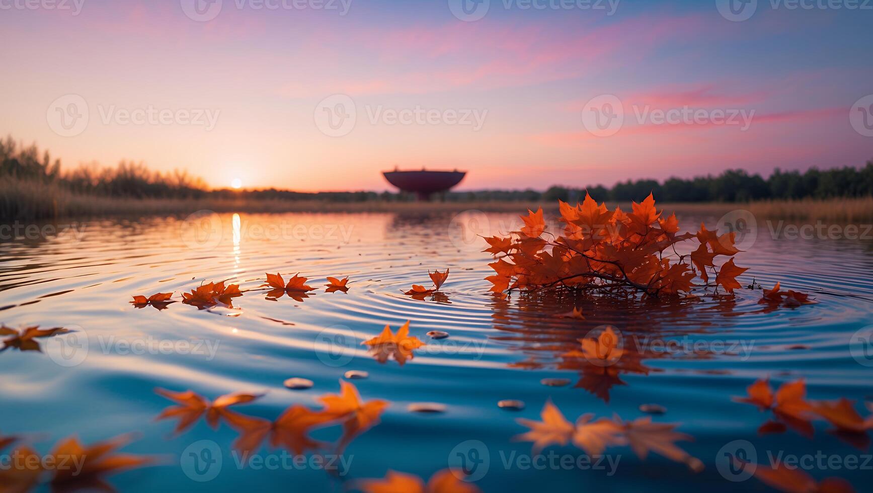 Autumn Leaves Floating in Lake at Sunset photo