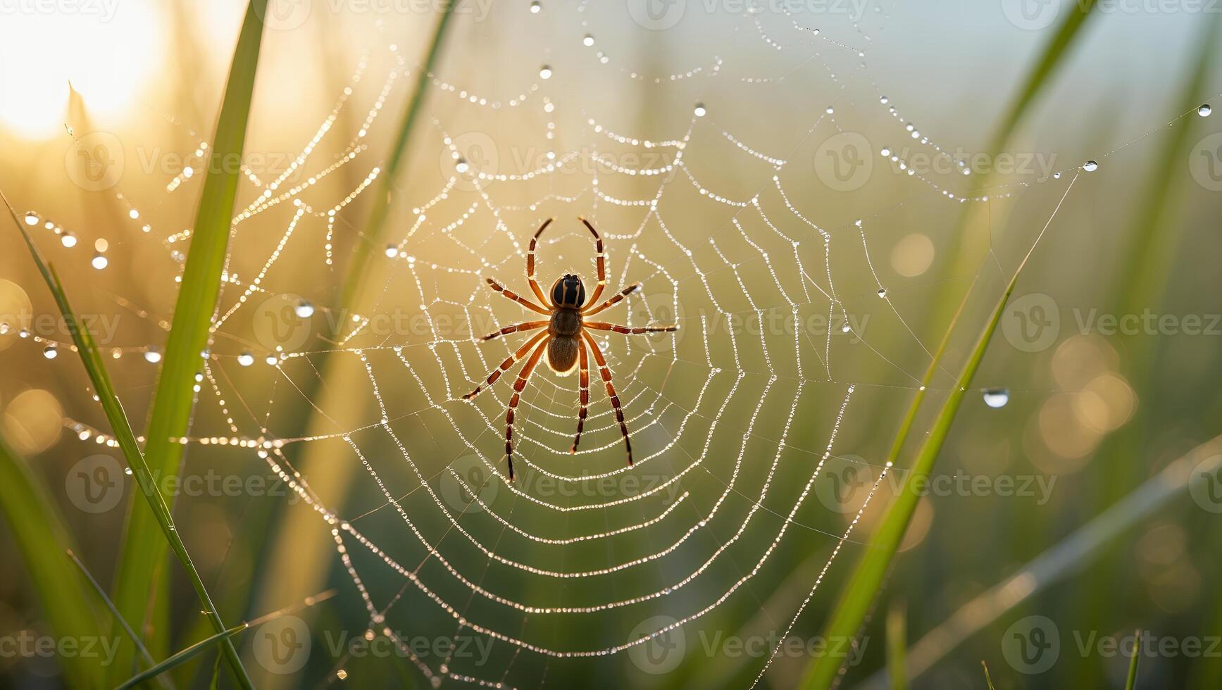 Spider on Web with Dew Drops at Sunrise photo