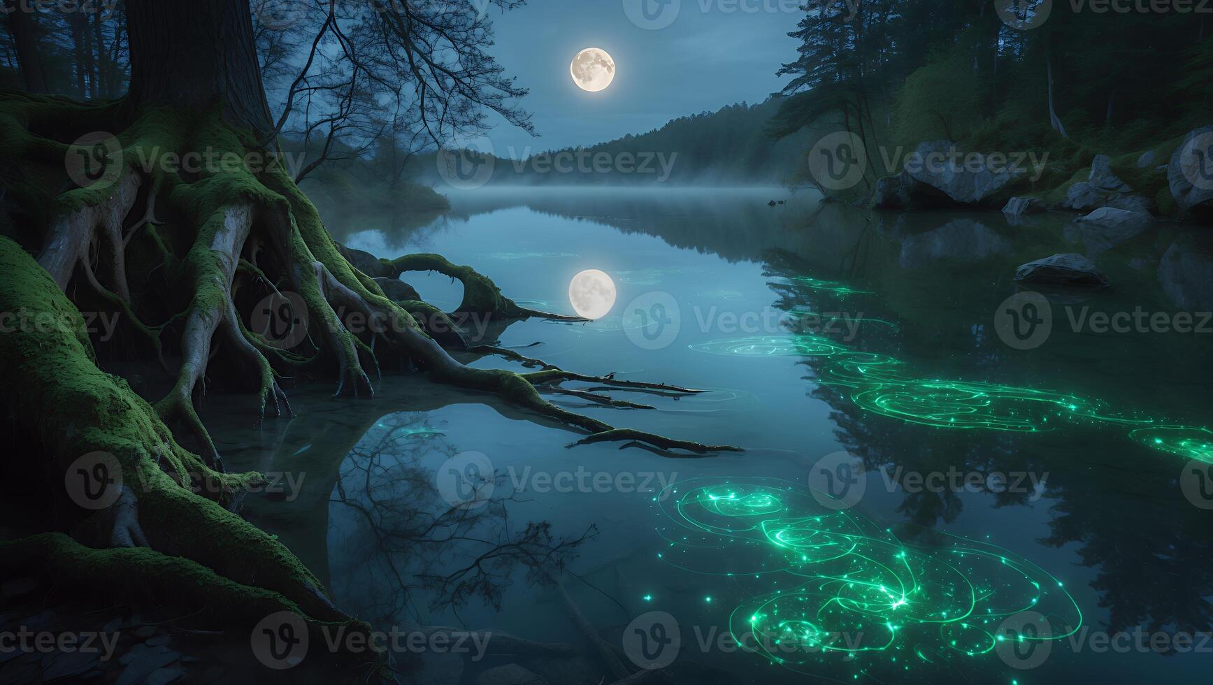 Tranquil Lake at Night with Full Moon and Glowing Light photo