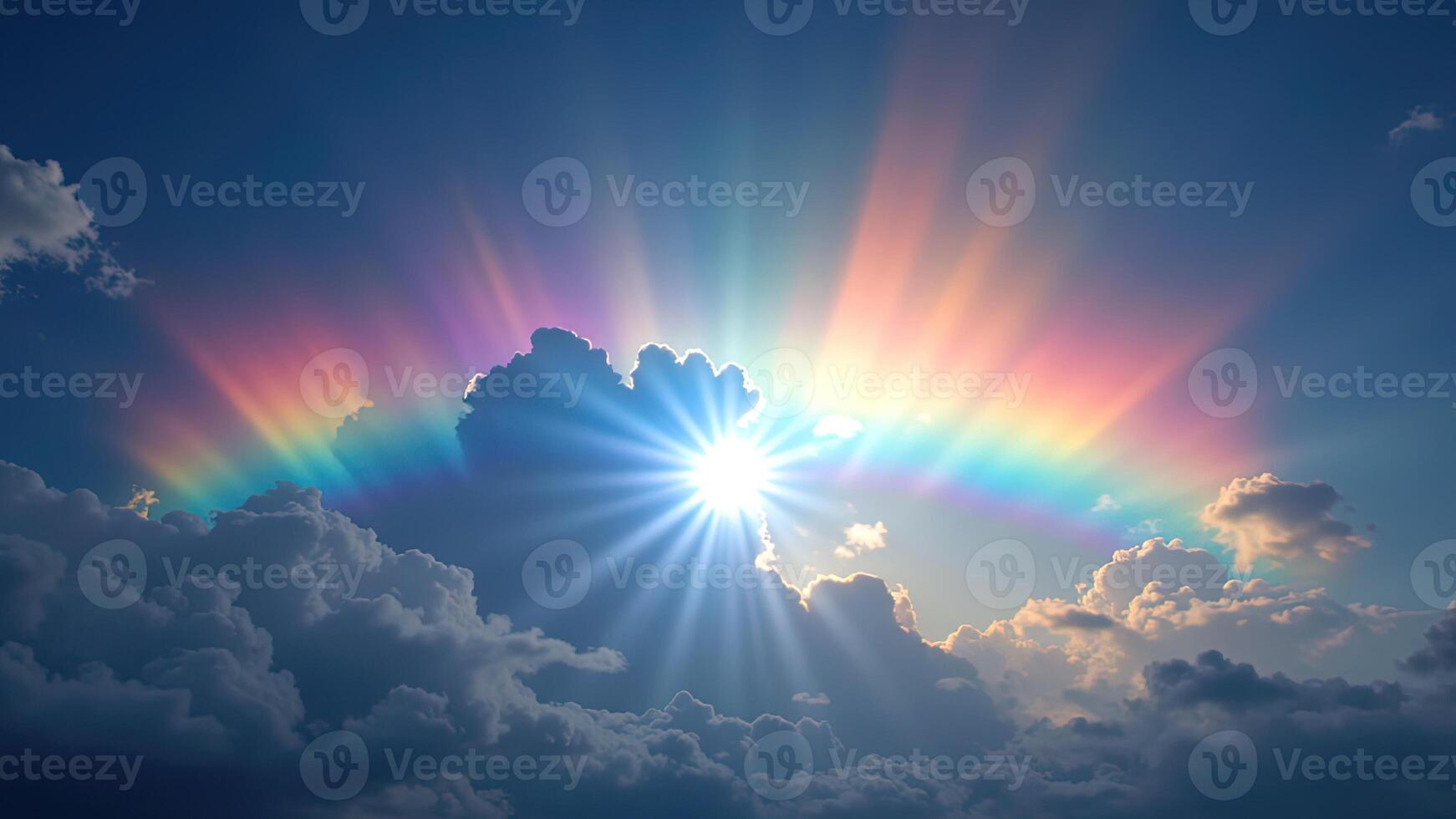 Vibrant Rainbow Beams Emanating from the Cloudy Sky at Sunrise photo