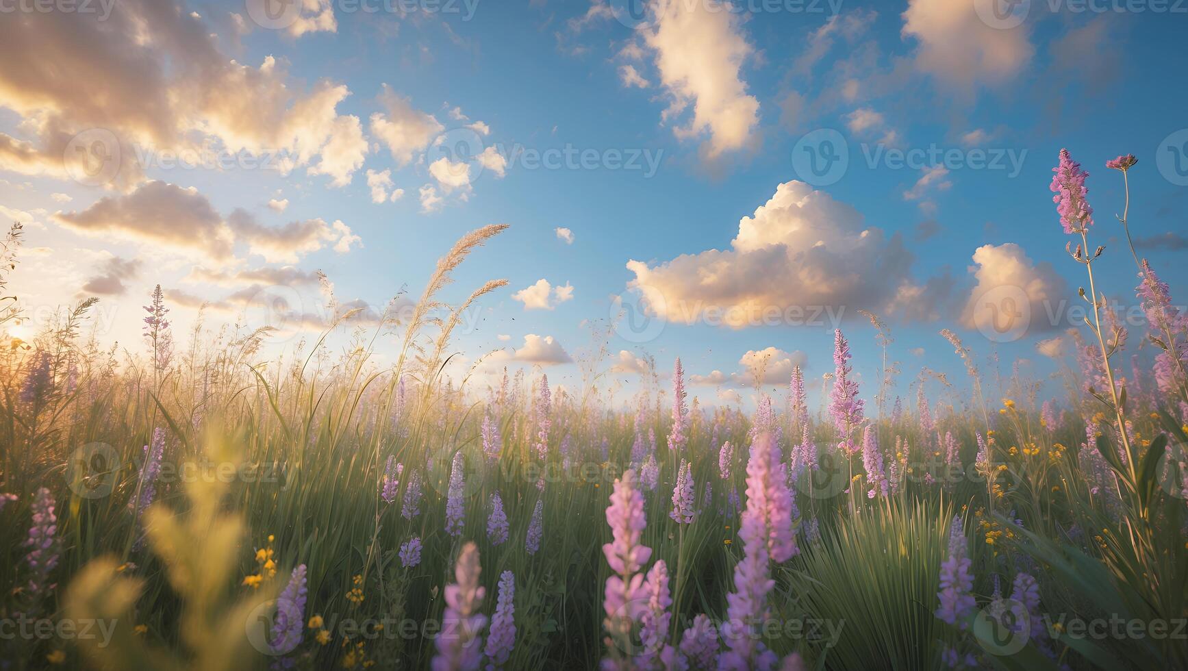 Field of Purple Flower with Blue Sky and Cloud photo