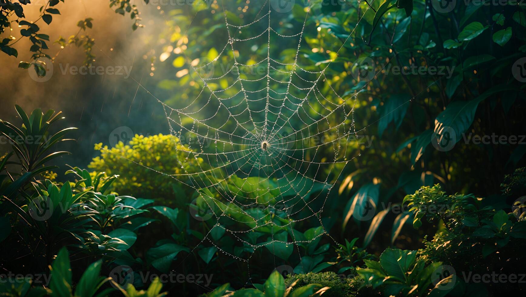 Spiderweb Dew on Web in Lush Green Leaves and Nature photo