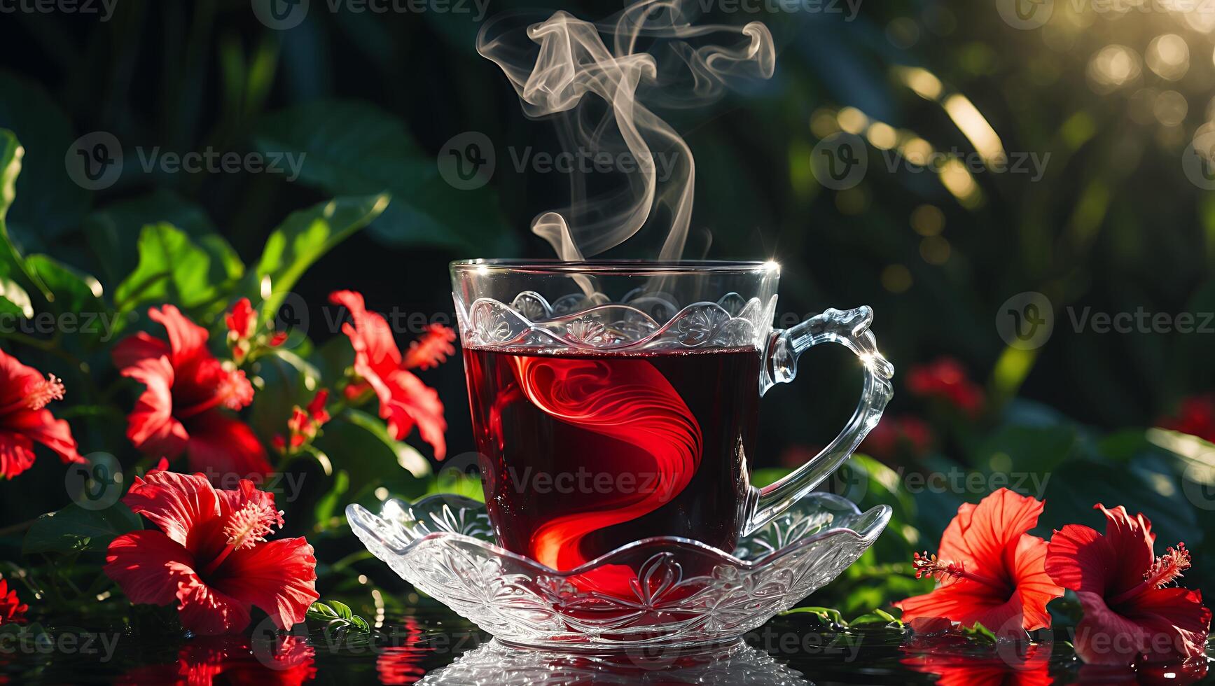 Hibiscus Tea Steaming in Glass Cup with Red Flowers photo