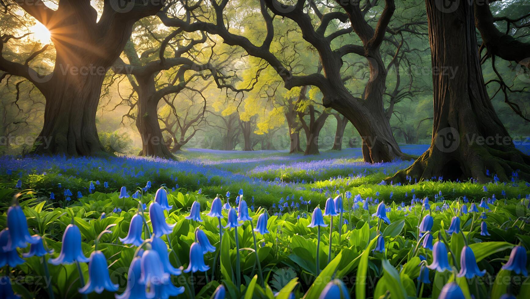 Bluebell Flowers Growing in a Forest with Sunlight photo
