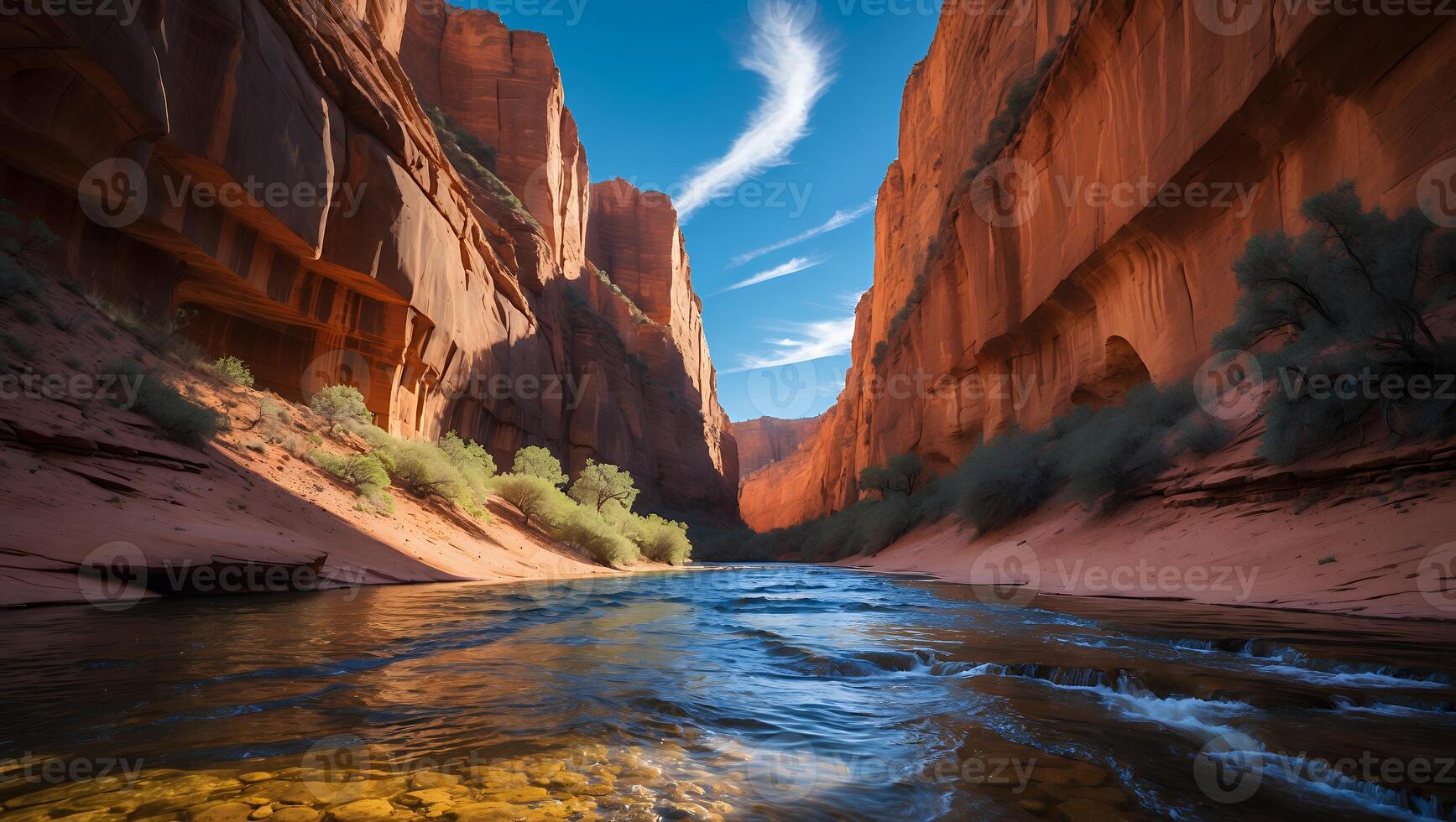 River Flowing Through a Canyon with Clear Sky and Orange Rock photo
