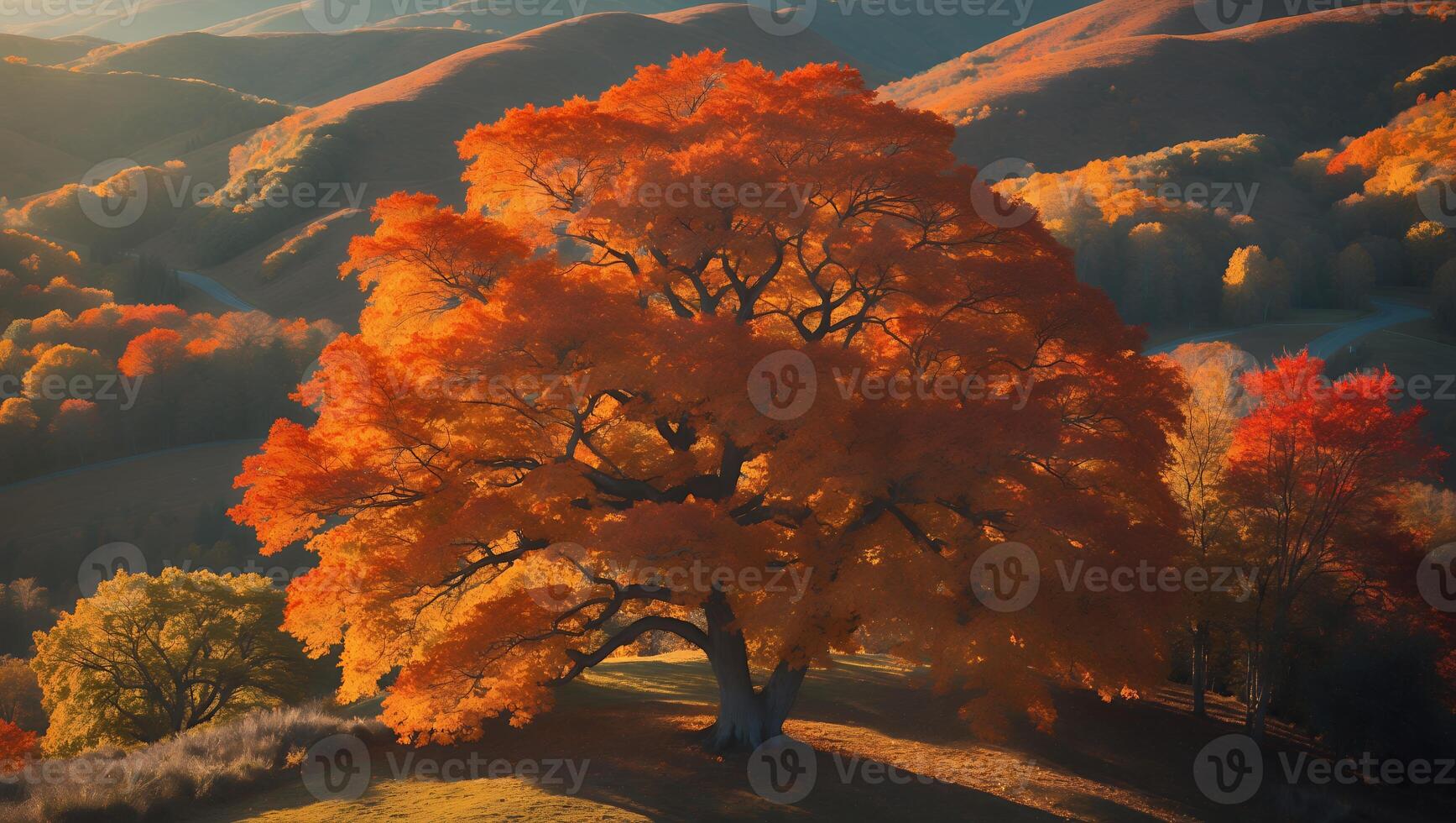 Autumn Tree with Orange Leaves in Rolling Hills Landscape photo