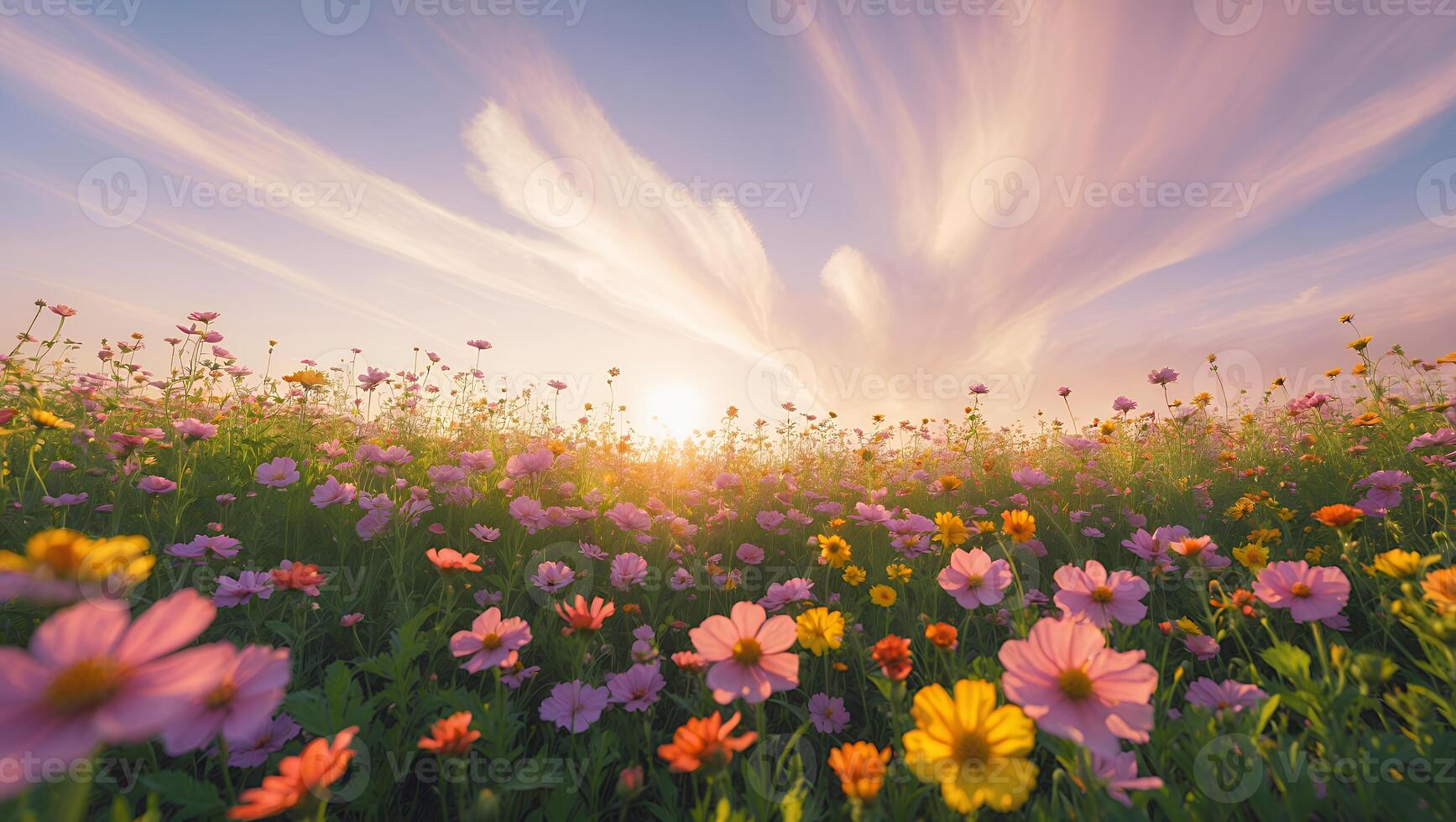 Flower Field at Sunset with Pink and Yellow Blossoms photo