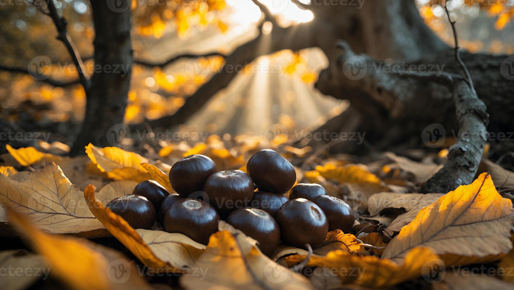Pile of Chestnuts on Golden Autumn Leaves in the Woods photo
