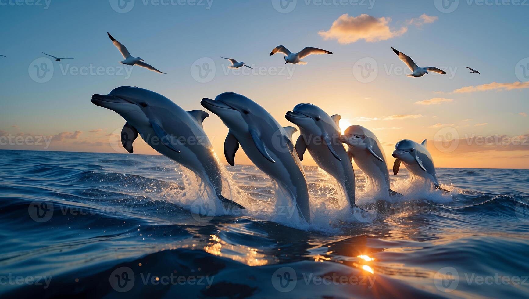 Dolphin Jumping Out of Sea at Sunset photo