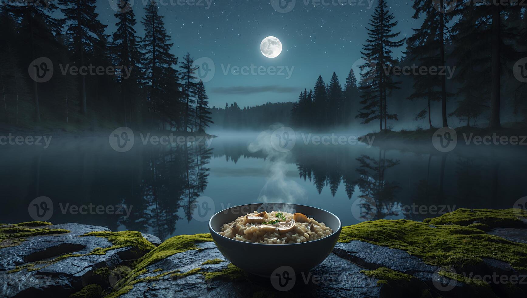 Risotto Dish on Rock at Night Near Lake and Moon photo