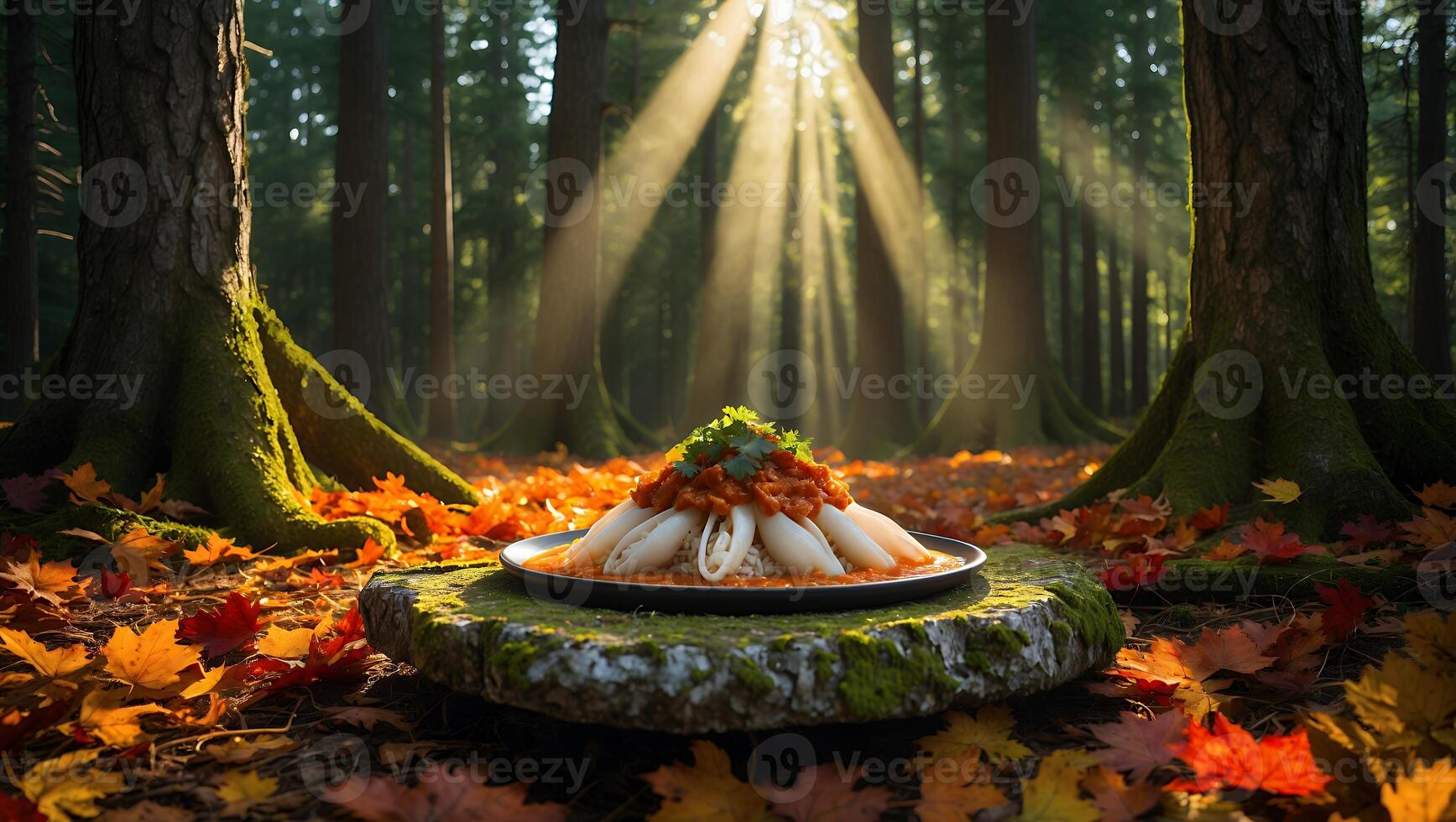 Squid Dish with Sauce Served in Autumn Forest photo
