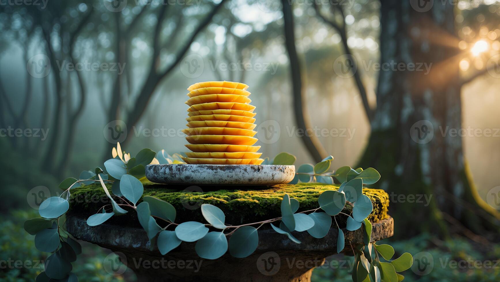 Stack of Flatbreads on Stone Table in Forest photo