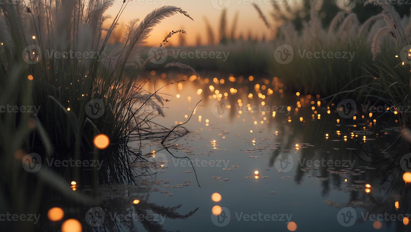 Grasses by Pond at Sunset photo
