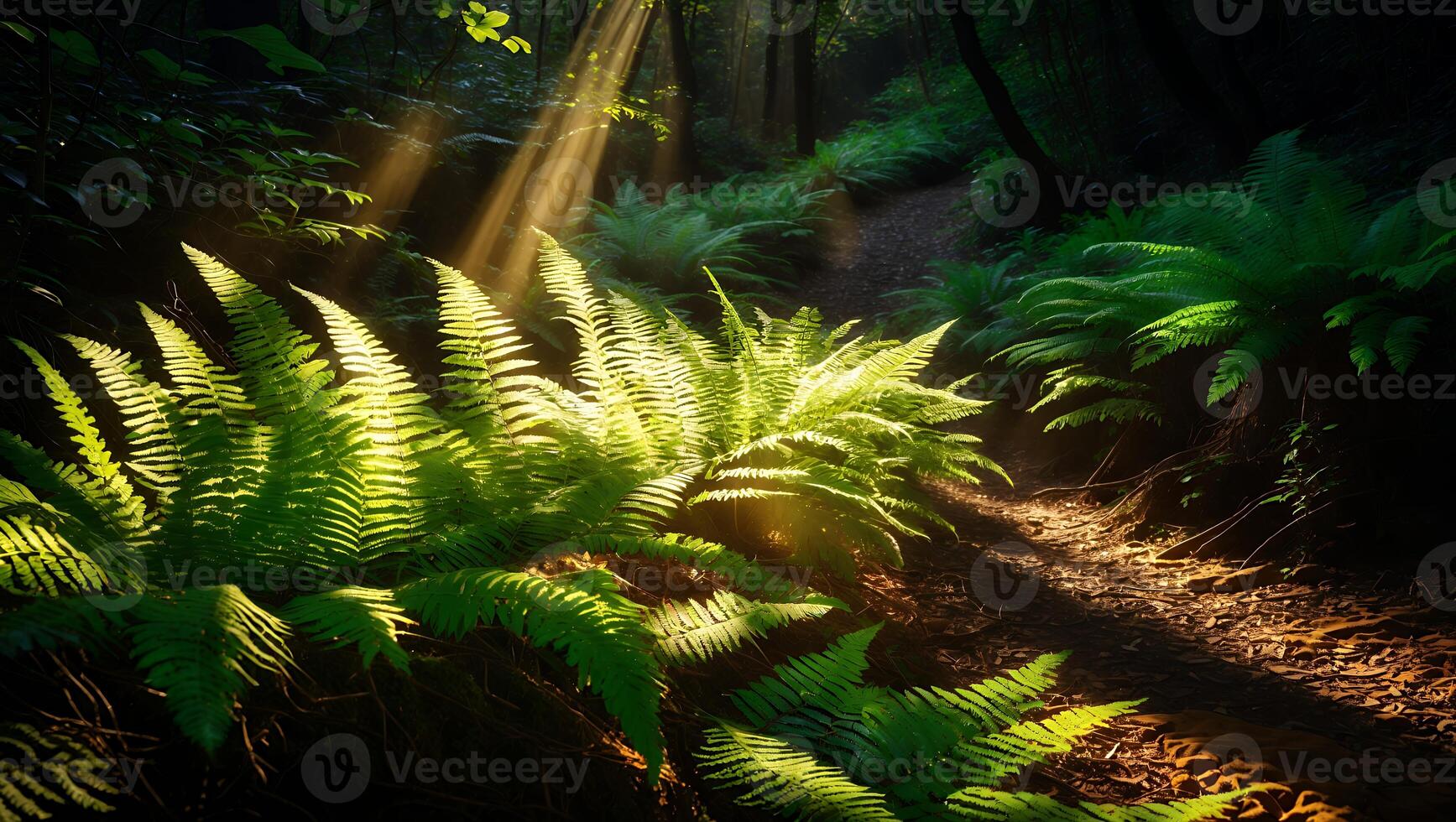 Ferns in Sunlit Forest Trail photo