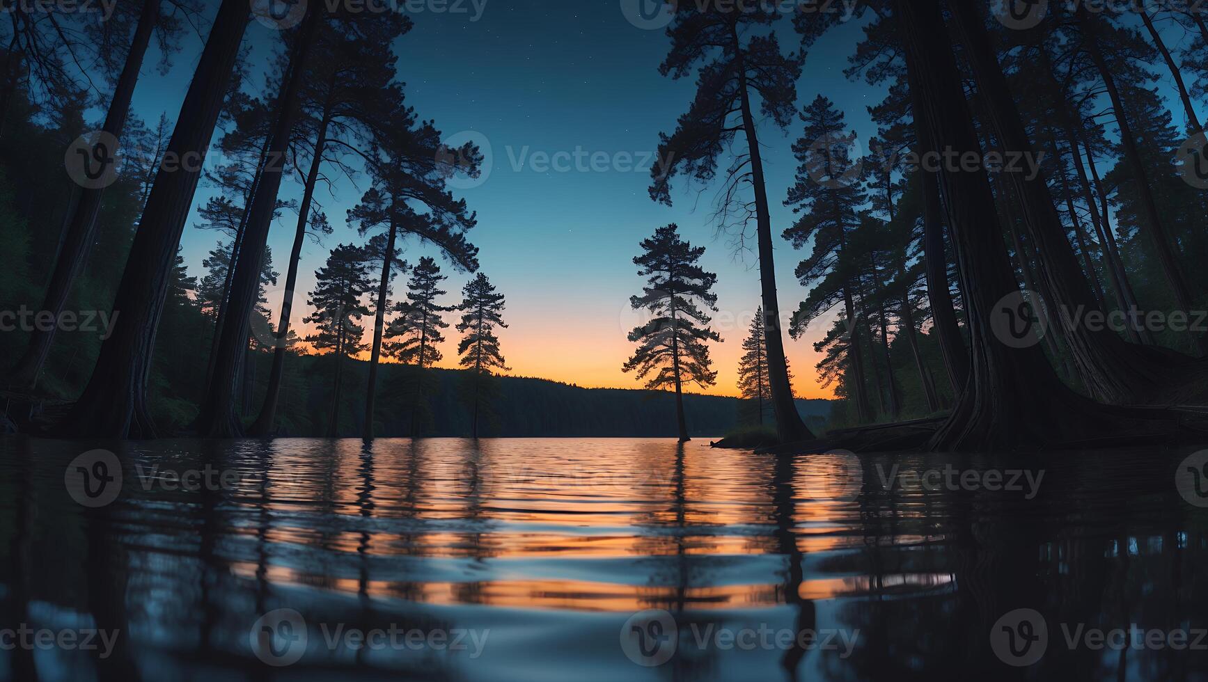 Lake and Forest at Dusk Reflecting in Water photo