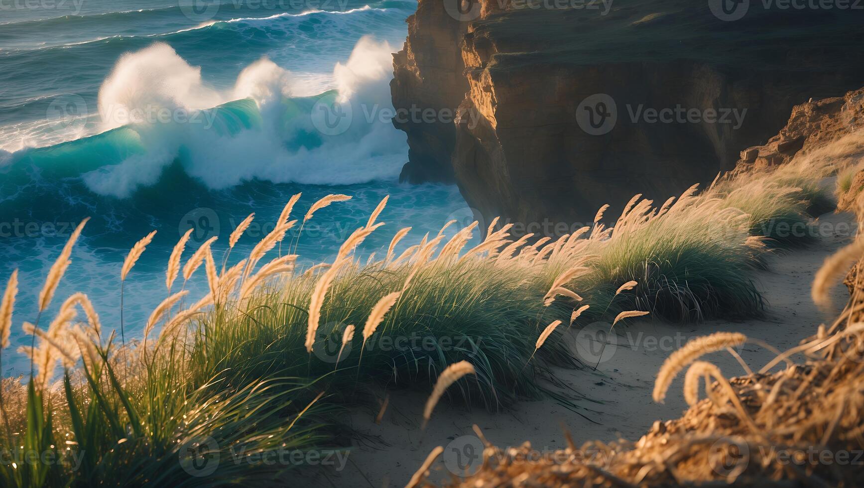Ocean Wave Crashing Near Cliff with Golden Dune Grass photo