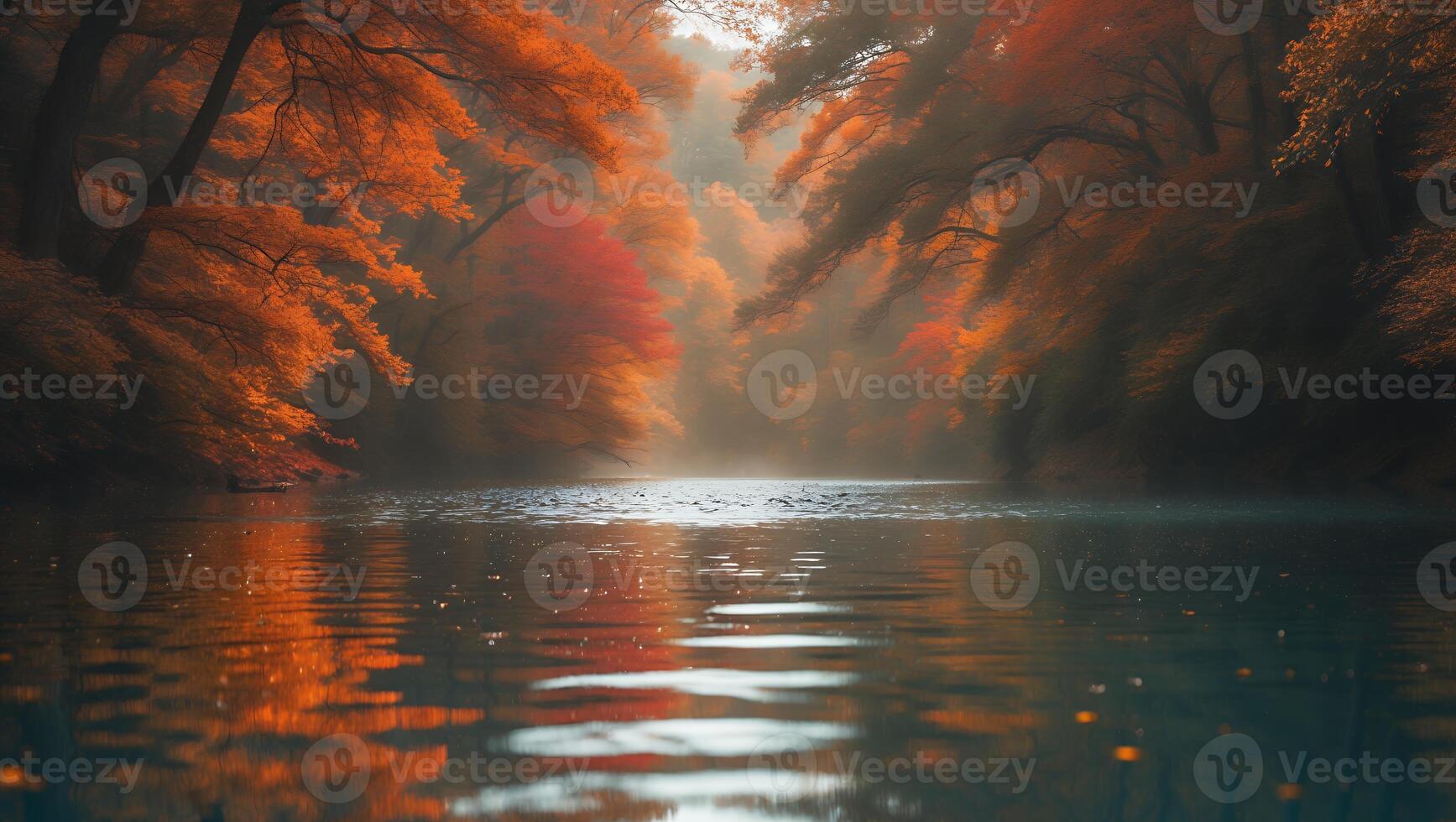 Autumn Trees Reflected in Calm River Water photo