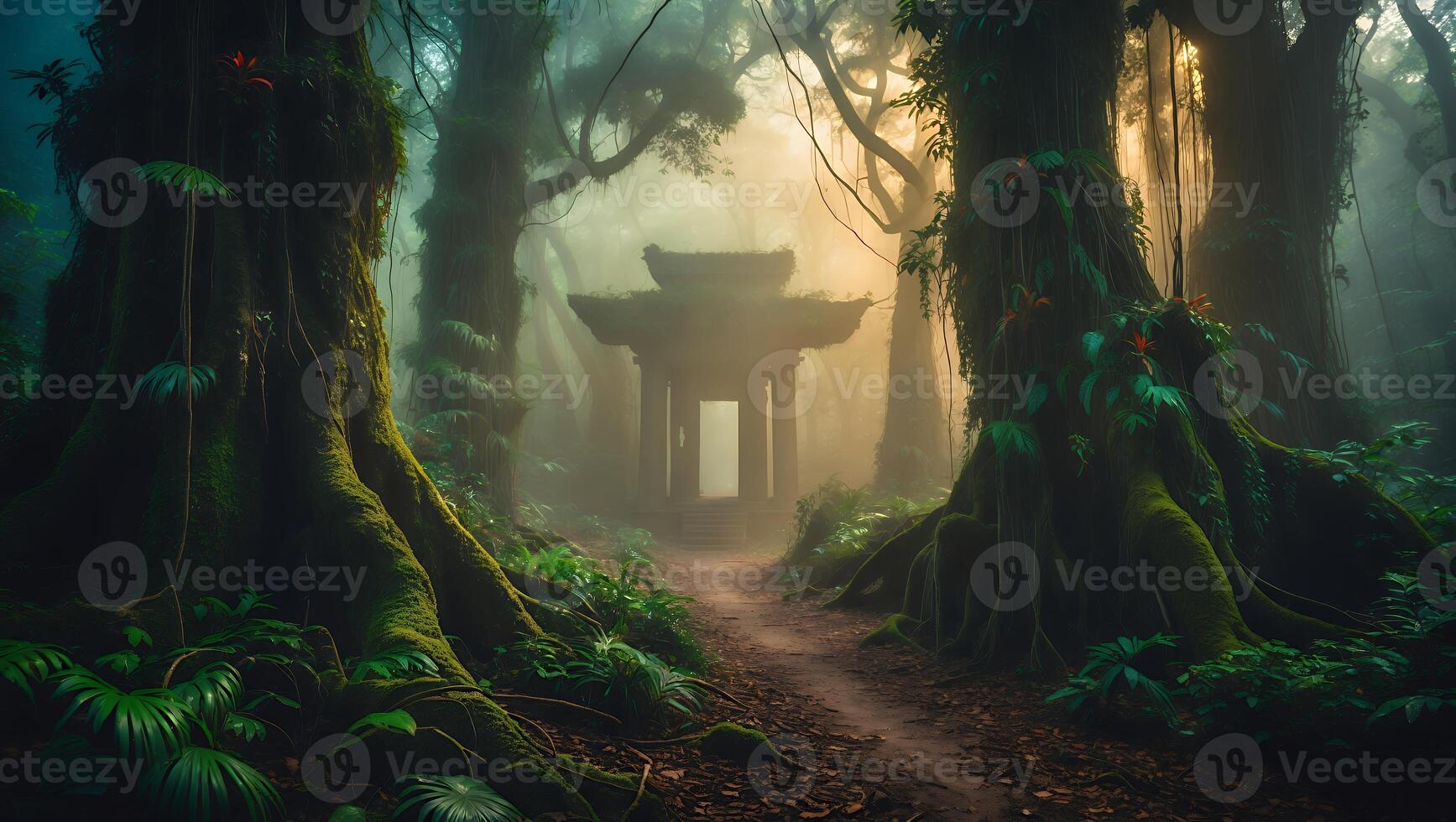 Misty Forest Path with Stone Structure in Nature photo