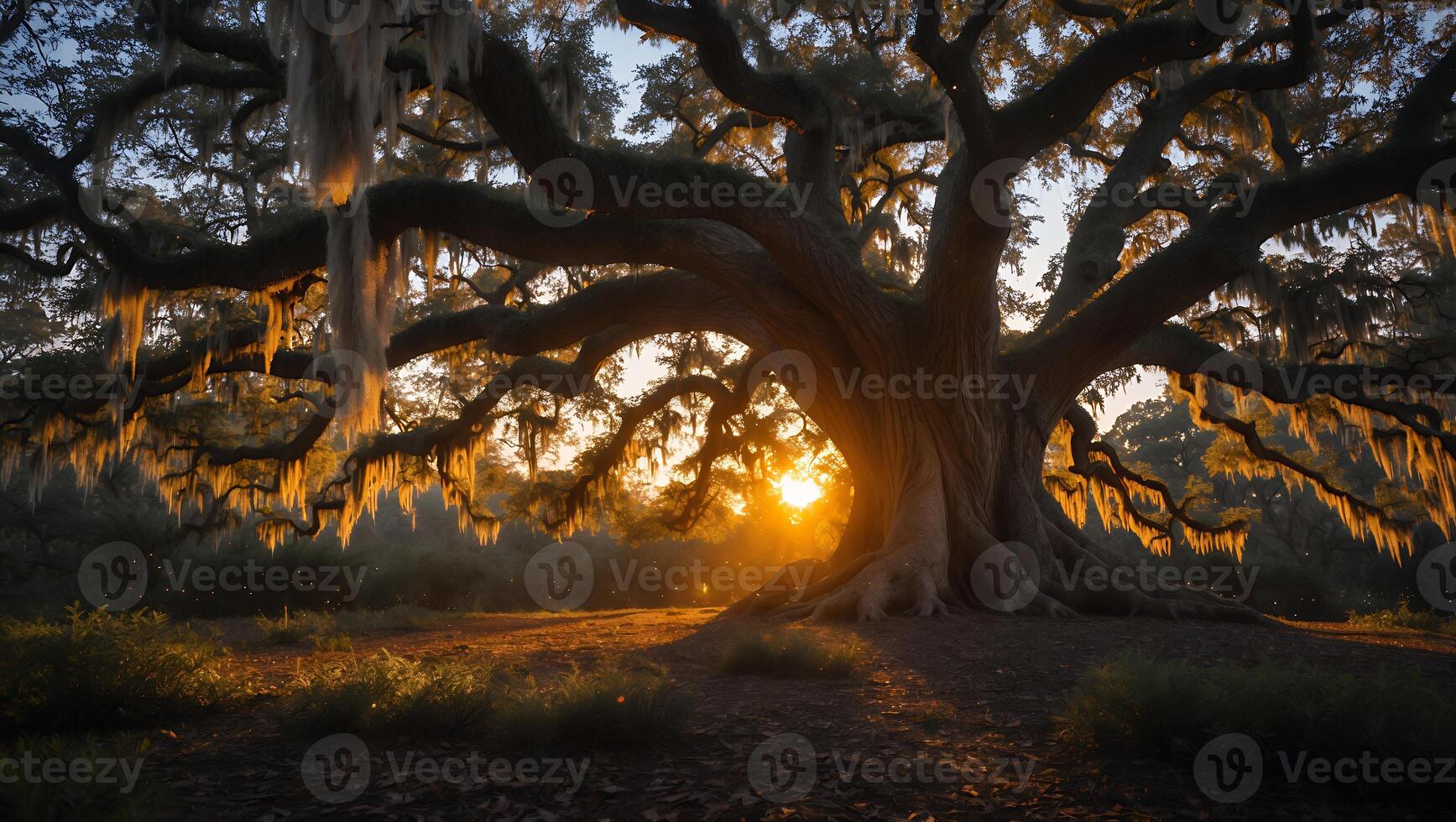 Large Live Oak Tree with Spanish Moss at Sunset photo