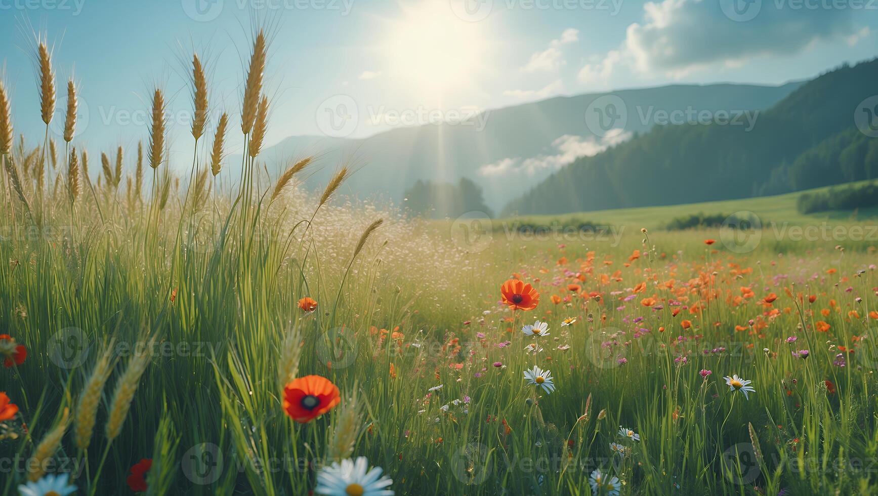 Flower Field in Summer Day with Sun and Wheat photo