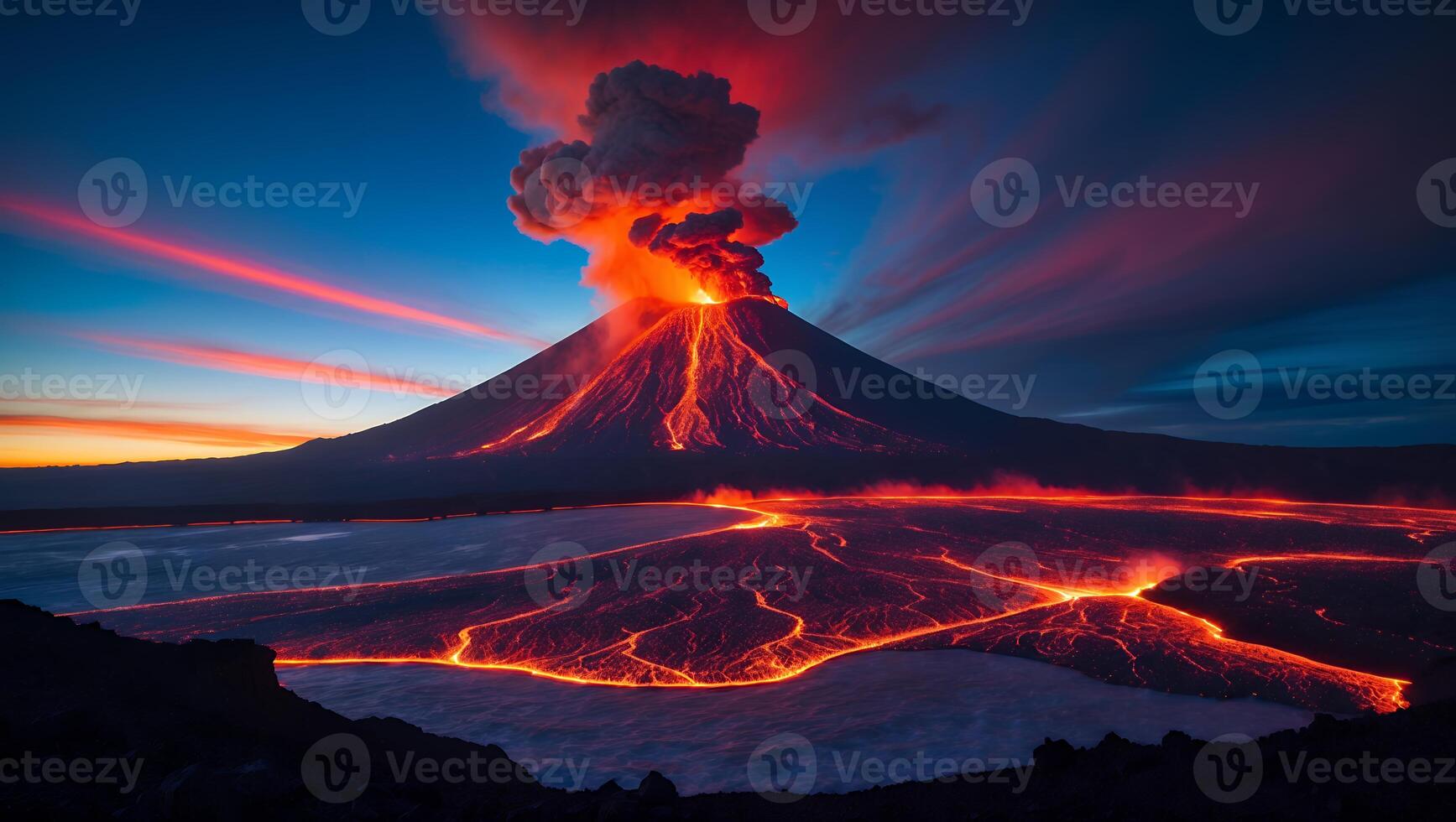 Active Volcano Eruption at Dusk with Lava Flow photo
