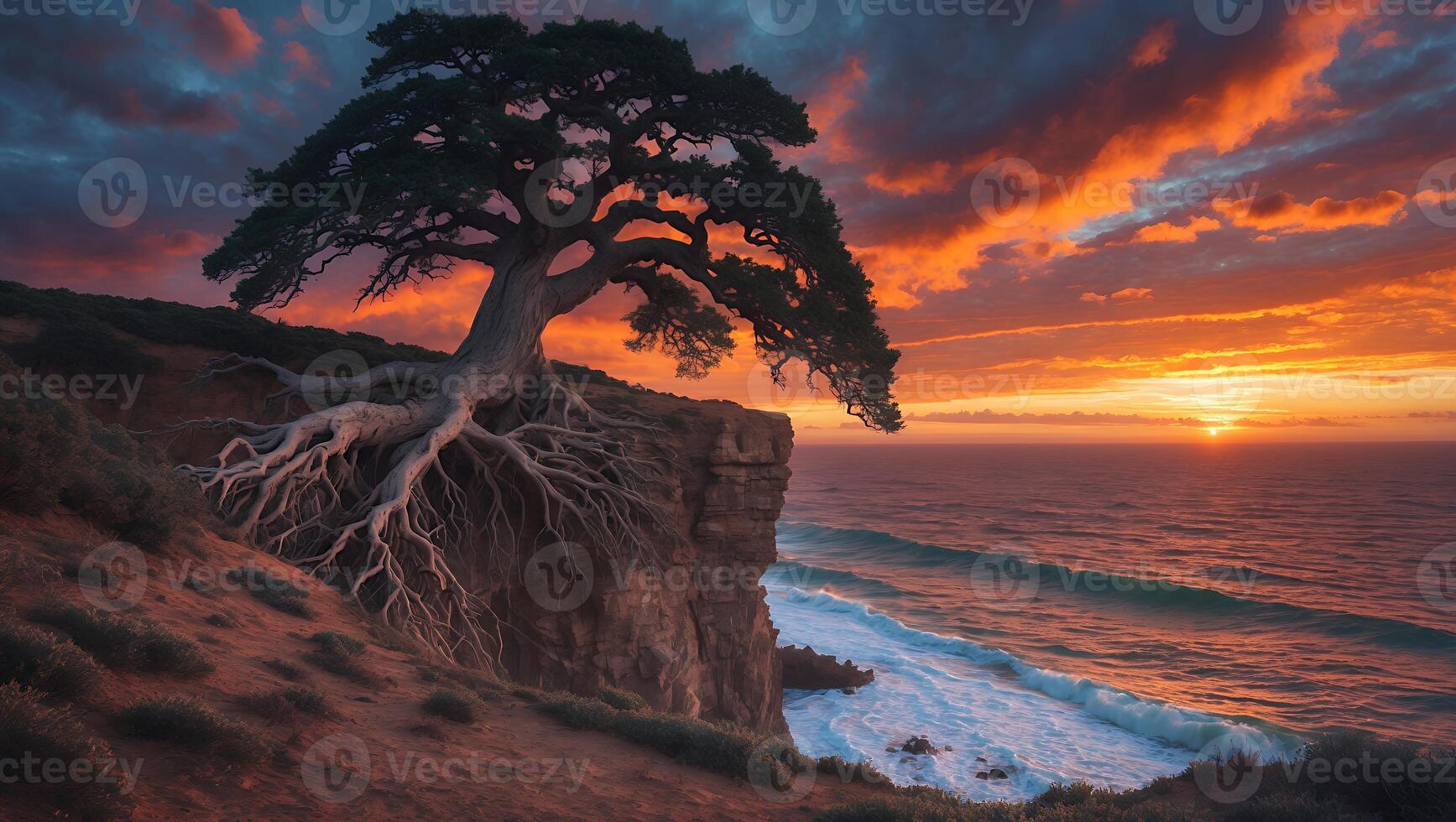 Lone Tree on Cliff at Sunset Over Ocean photo